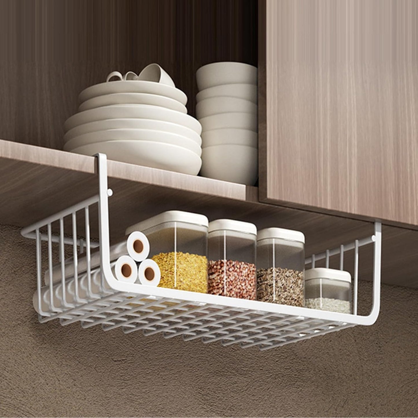 JTLB Under Shelf Storage Basket, Multipurpose All Metal Under Shelf Wire Basket for Kitchen Office Pantry Desk Bookshelf (White)