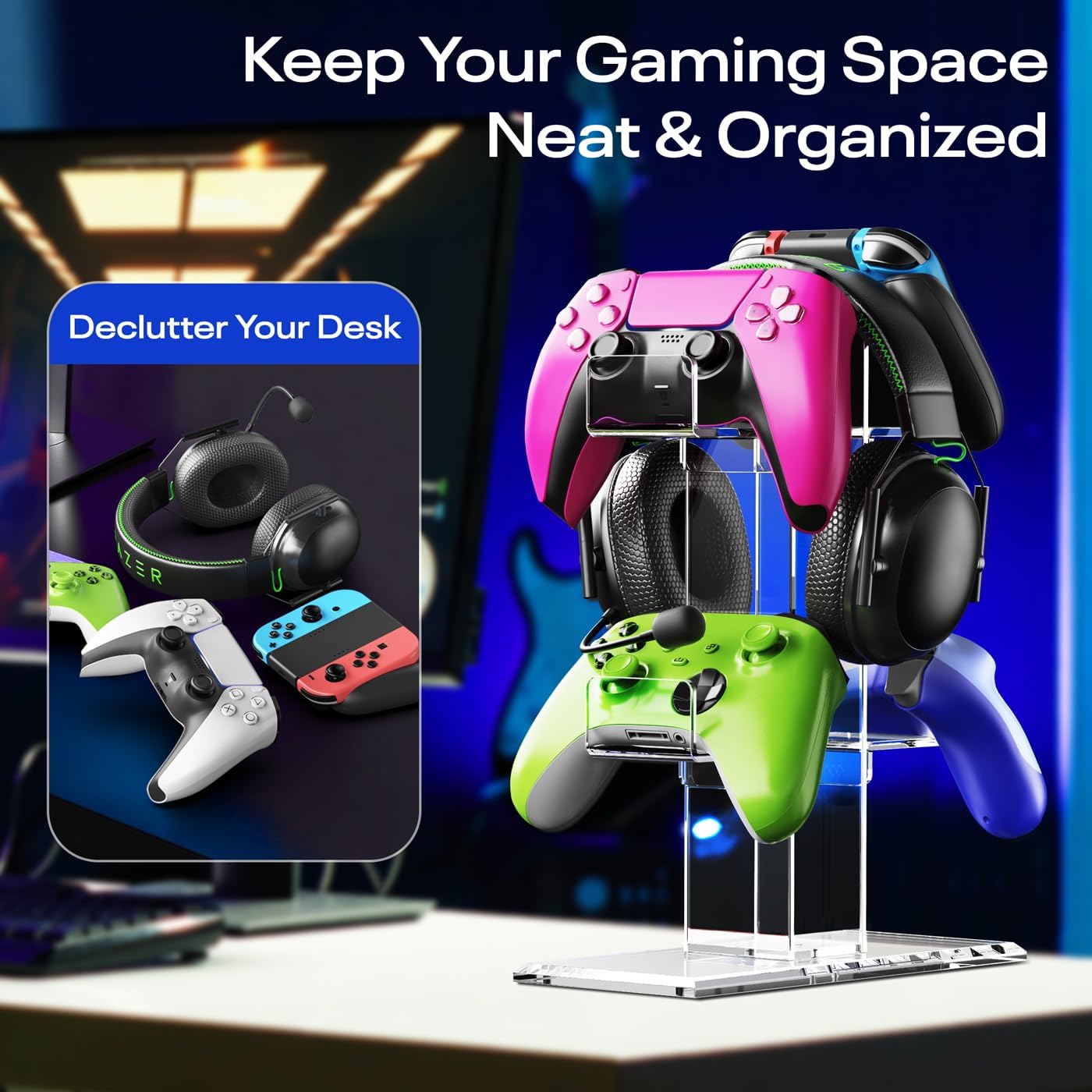 Crpich Acrylic Controller Stand, 3-Tier Headphone and Game Controller Holder with 5 Slots, Clear Desk Organizer for Xbox, PS5, PS4, Switch and More