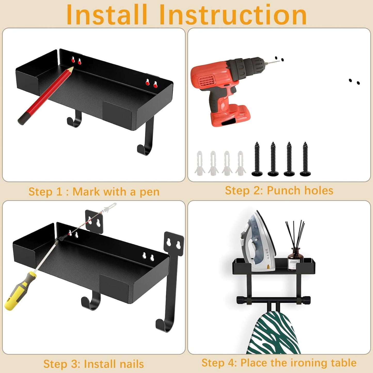 JUYSON Ironing Board Holder, Wall-Mounted Iron and Board Set Storage for Laundry Rooms (Black)