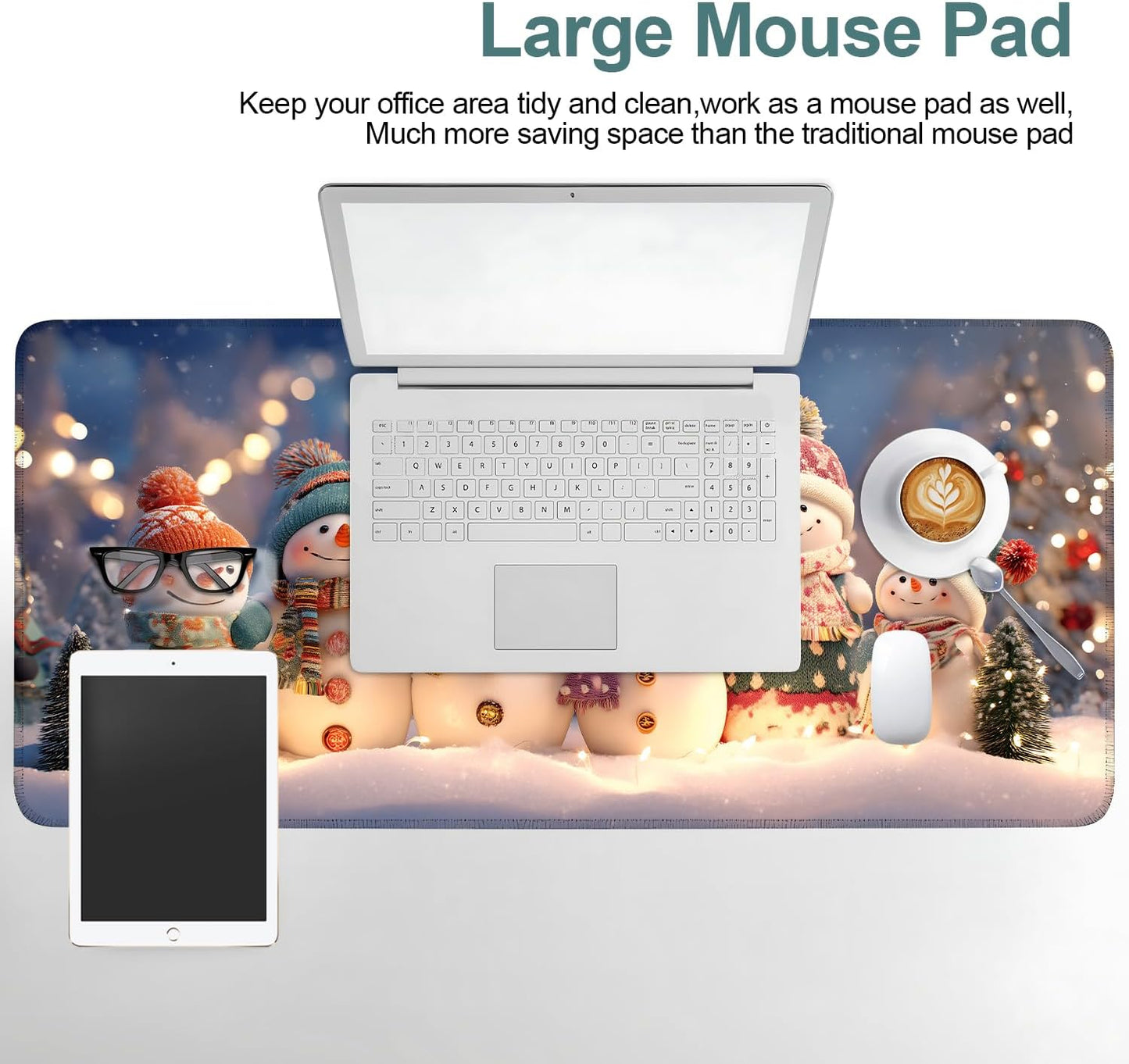 Six Snowmen Gaming Mouse Pad 35.4"x15.7"Desk Mat Anti-Slip Rubber Base & Durable Stitched Edges for Gamers Smooth Mouse Writing Surface for Desk Office/Home