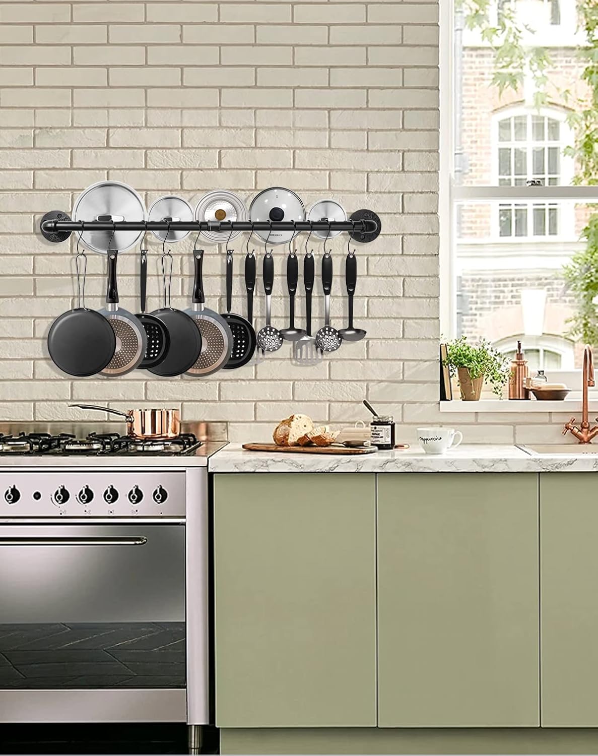Industrial Pipe Pot Pan Rack 21" (2 Pack), Wall mount Pot hangers Pan Hanging Rail Lid Hanger for kitchen with 10 S Hooks