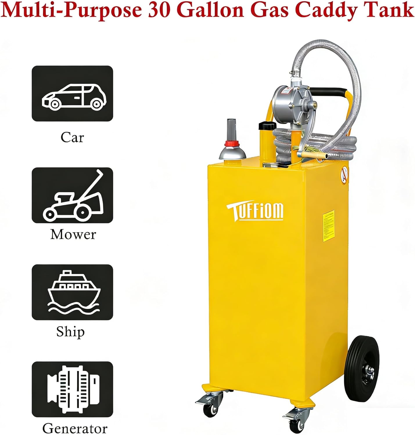 TUFFIOM 30 Gallon Portable Gas Caddy w/Swivel Wheels,Fuel Storage Tank, Gasoline Diesel Can with Fuel Transfer Rotary Hand Siphon Pump for Automobile ATV Car Mower Tractor Boat Motorcycle