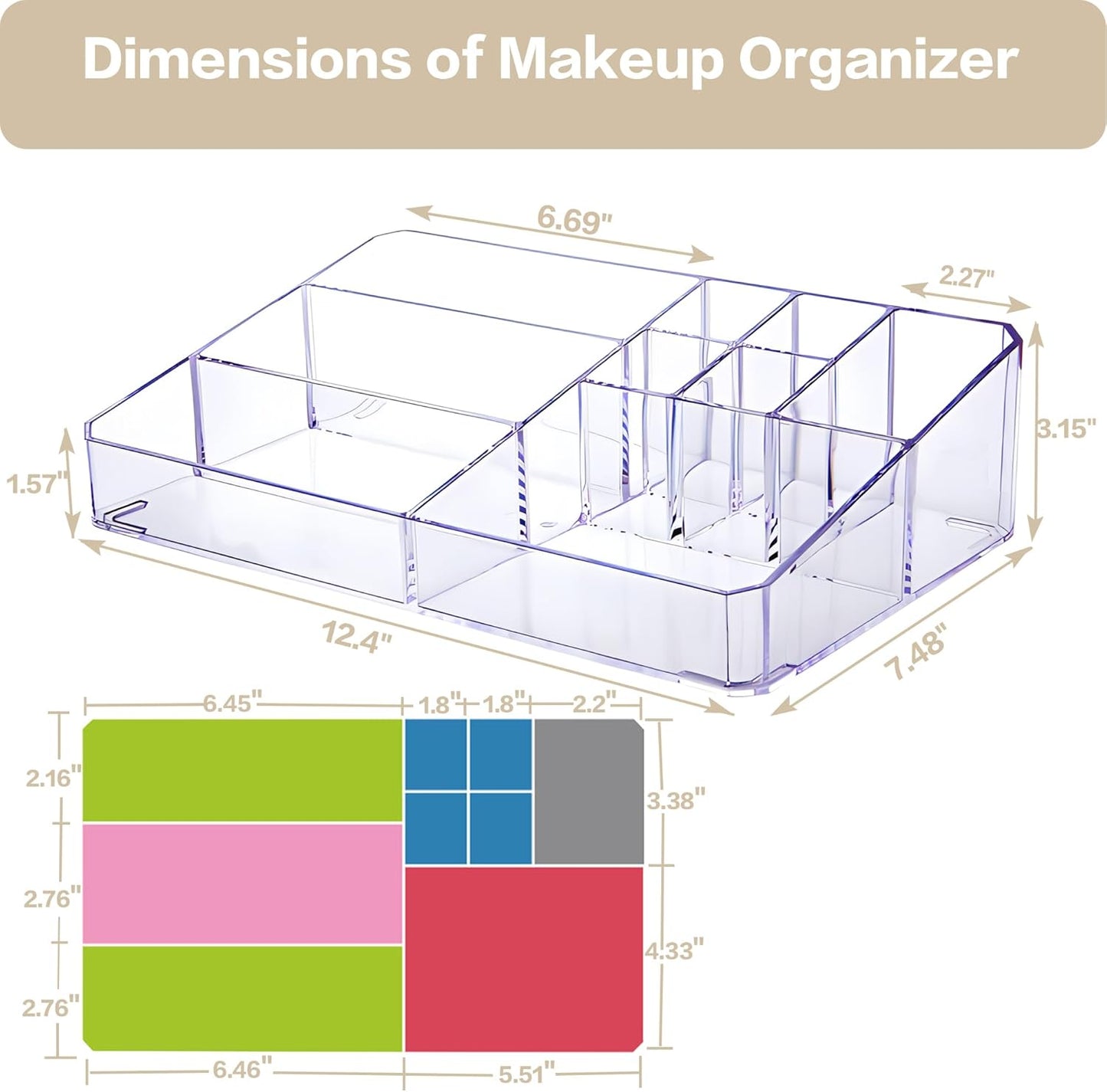 Clear Makeup Organizer, Makeup Brushes Storage Case, Cosmetic Display Case Tray, Tiered Skincare Organizer, Acrylic Lipstick Holder Countertop Desk Brush Organizer for Bedroom Vanity