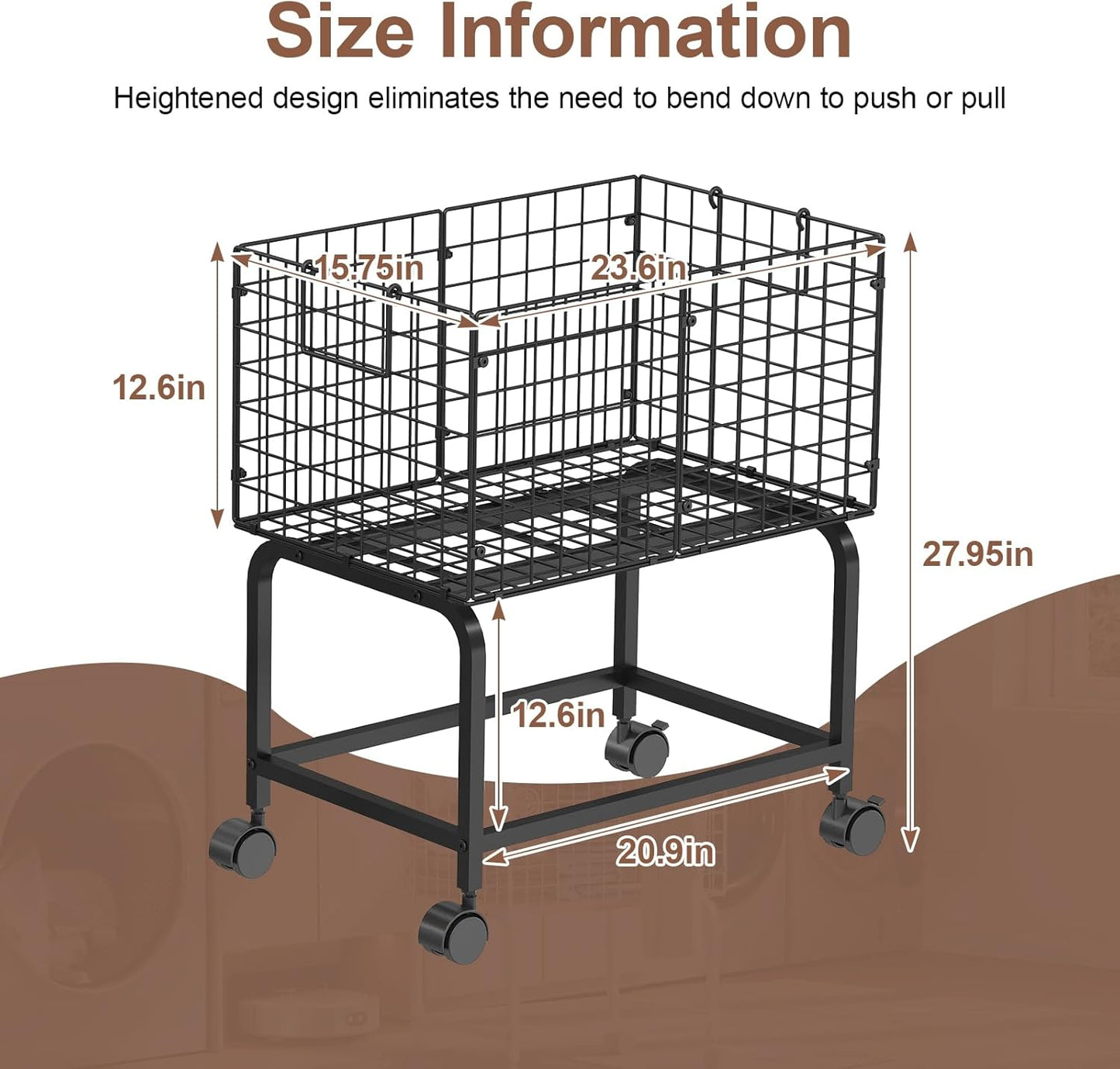 Wire Laundry Hamper Cart,Rolling Laundry Carts with Pull Handle,Black Tall Laundry Basket,Commercial Wire Laundry Hamper Cart-23.6 * 15.75 * 28 inches