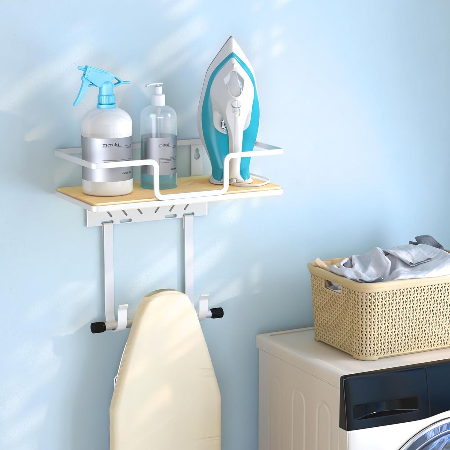 efluky Ironing Board Hanger with Removable Hooks, Ironing Board Holder Wall Mount for T/Y Legs, 12.59" L x 5.9" W x 2.36" H, White