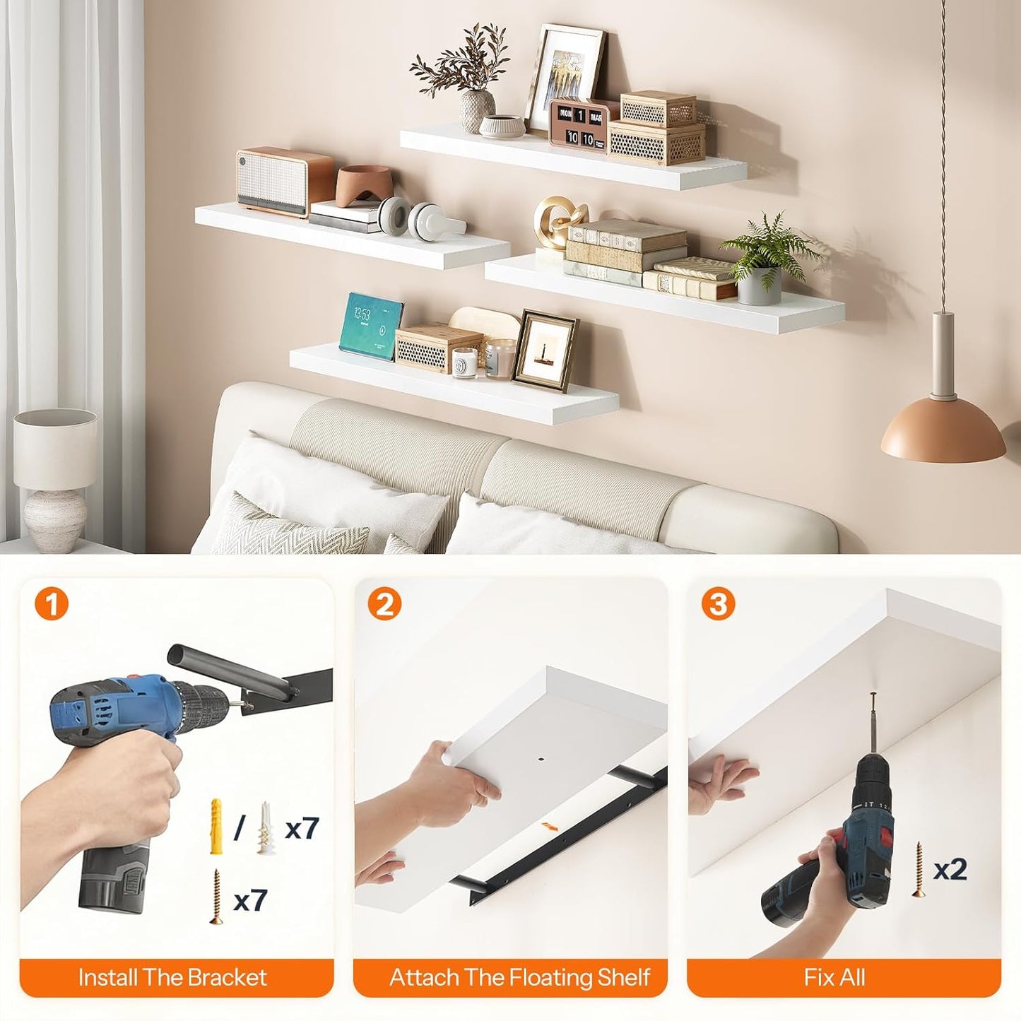 HOOBRO Floating Shelves for Wall, Wall Mounted Shelf Set of 2, 31.5" Hanging Shelf with Invisible Brackets, for Wall in Bathroom, Bedroom, Toilet, Kitchen, Living Room, Office, White WT80BJP201