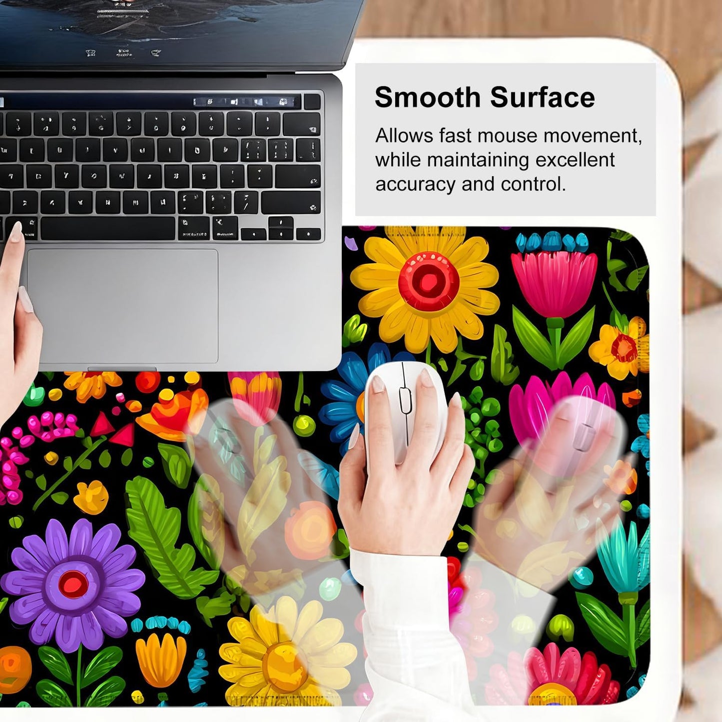 Folk Art Floral Mouse Pad – Large Extended Desk Mat 31.5 x 11.8 in– Colorful Boho Flowers on Black Background, Waterproof Surface, Non-Slip Rubber Base, Oversized Mouse & Keyboard Pad