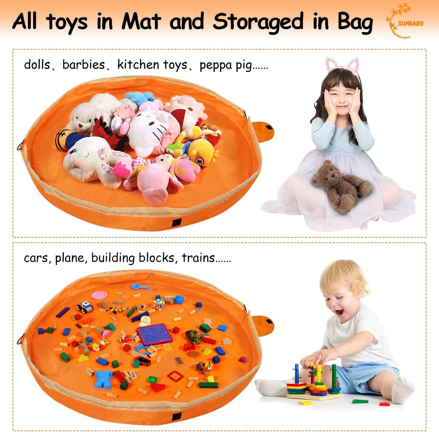 Toy Storage for Lego Play Mat Bag - Duplo Toy Organizer Storage Bag by Drawstring for Kids Tidy Toy with Lips can as Gift (Orange 47 inch)