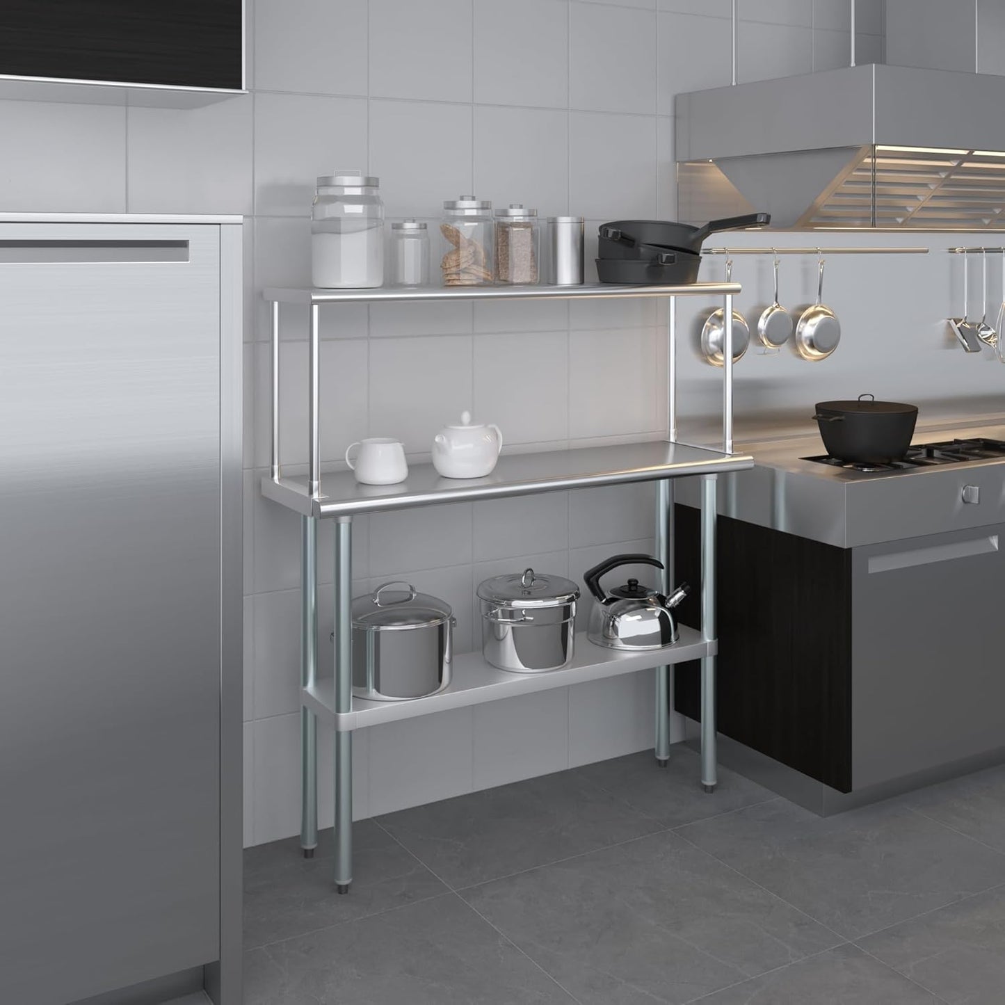 Stainless Steel Work Table with Wide Single Tier Overshelf | Metal Kitchen Prep Table & Shelving Combo (14" x 48" Work Table + 12" Overshelf)