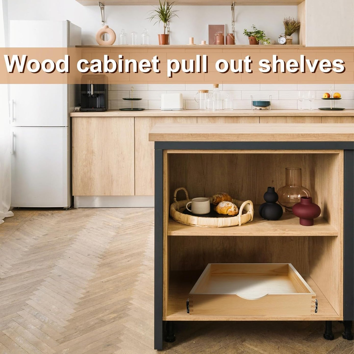 Menkxi 2 Set Pull out Tray Cabinet Organizer Wooden Pull Drawers storage Slide out Pantry Shelf for Base Cabinet Kitchen Gentle Close Fully Assembled Accessories(Wood Color,18'' X 21'' X 3'')