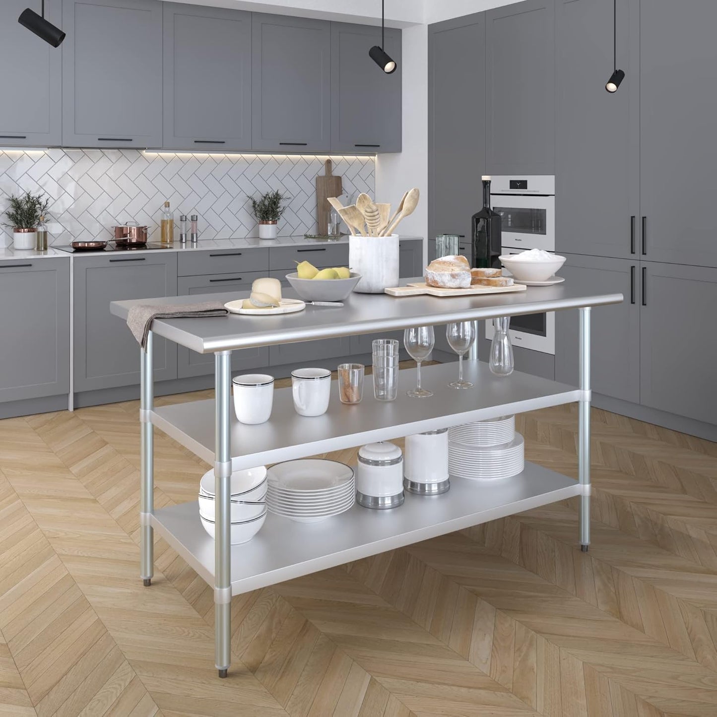 AmGood Stainless Steel Work Table with 2 Shelves | NSF | Metal Utility Table (60" Long x 30" Deep)
