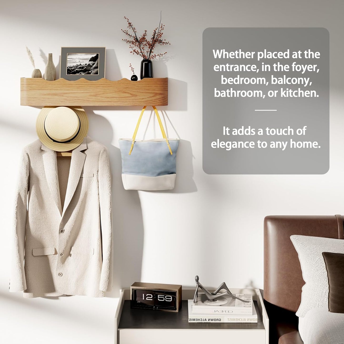 Coat Rack Wall Mount with Shelf 4 Hidden Hooks Modern Wooden Key Holder Entryway Organizer for Hallway Bedroom Bathroom Home Decor Storage for Hanging Coats Hats Bags Towels, Wave-Shape Oak