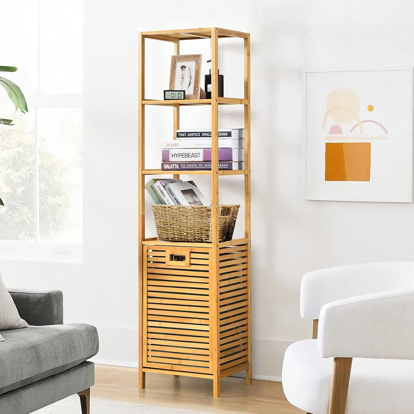 Giantex 63'' Tilt Out Laundry Hamper and 4-Tier Storage Shelves, Removable Clothes Basket with Easy Carry, Bamboo Tower Hamper Organizer, Great for Bathroom, Bedroom, Laundry Room, Closet, Nursery