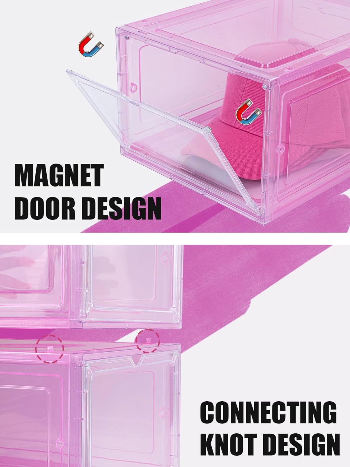 6 Pack Hat Organizer Box, Stackable Clear Baseball Caps Holder Box Containers with Magnetic Door for Hats Snapback Cap Storag, Hat Rack Display Case, Holds 8 Hats Each (Pink)