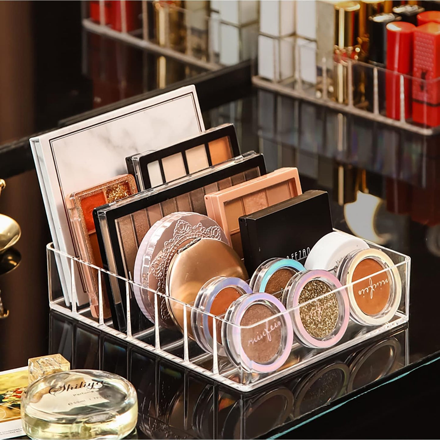 JessLab Makeup Organizer for Eyeshadow Palette and Lipstick, 7-Section Acrylic Divided Cosmetics Storage for Bathroom Vanity Countertop, Transparent, X-Large