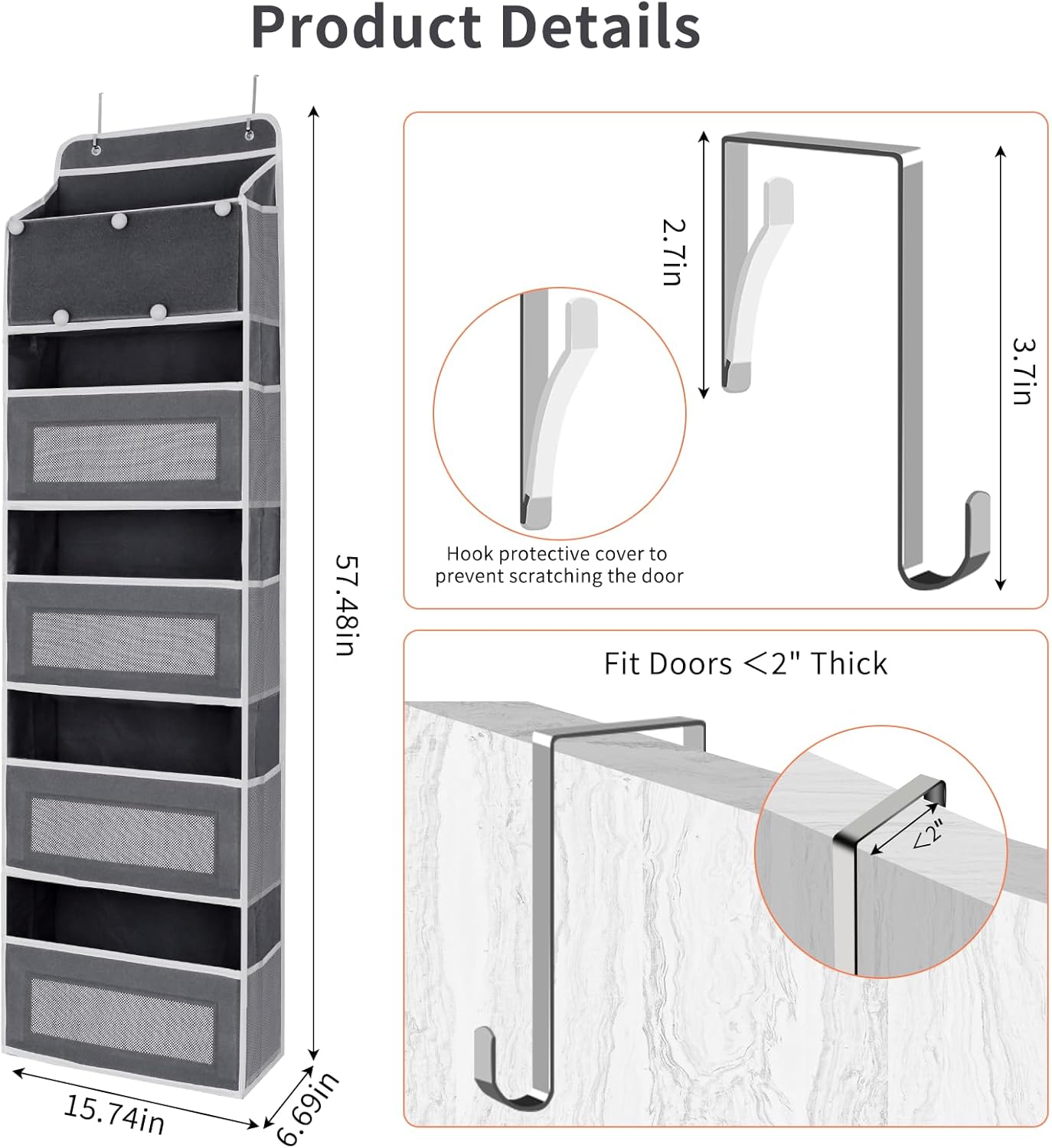 Over the Door Organizer, Large Capacity 5 Shelfs Hanging Door Organizer with Pockets and DIY Slots for Toys, Shoes, Diapers, Clothes, Behind Door Storage for Closet Wall Bedroom Nursery Pantry, Gray