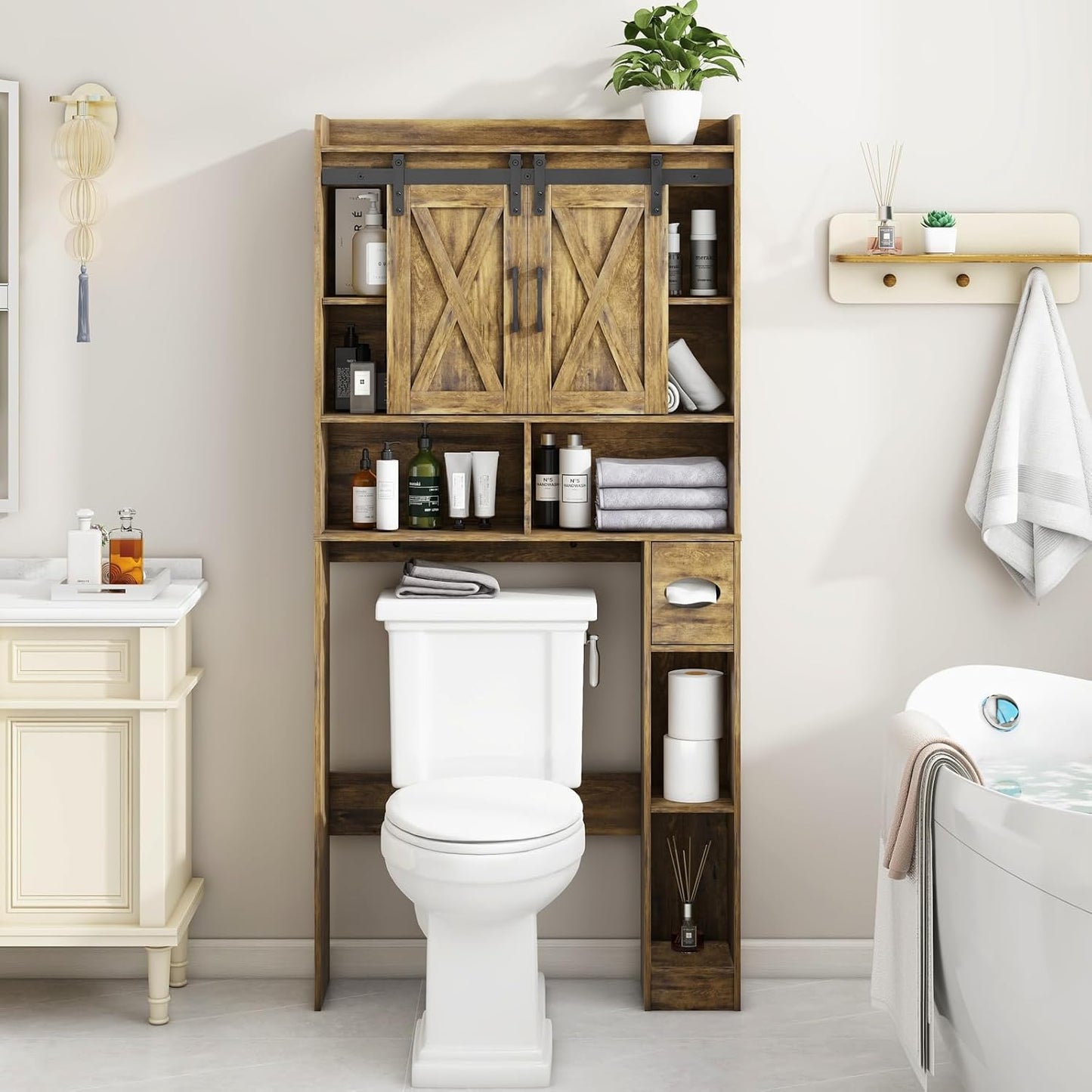 Vabches Over The Toilet Storage Cabinet, Farmhouse Storage Cabinet Over Toilet with Sliding Doors & Toilet Paper Holder Stand,Home Space-Saving Toilet Rack, for Bathroom, Restroom, Laundry