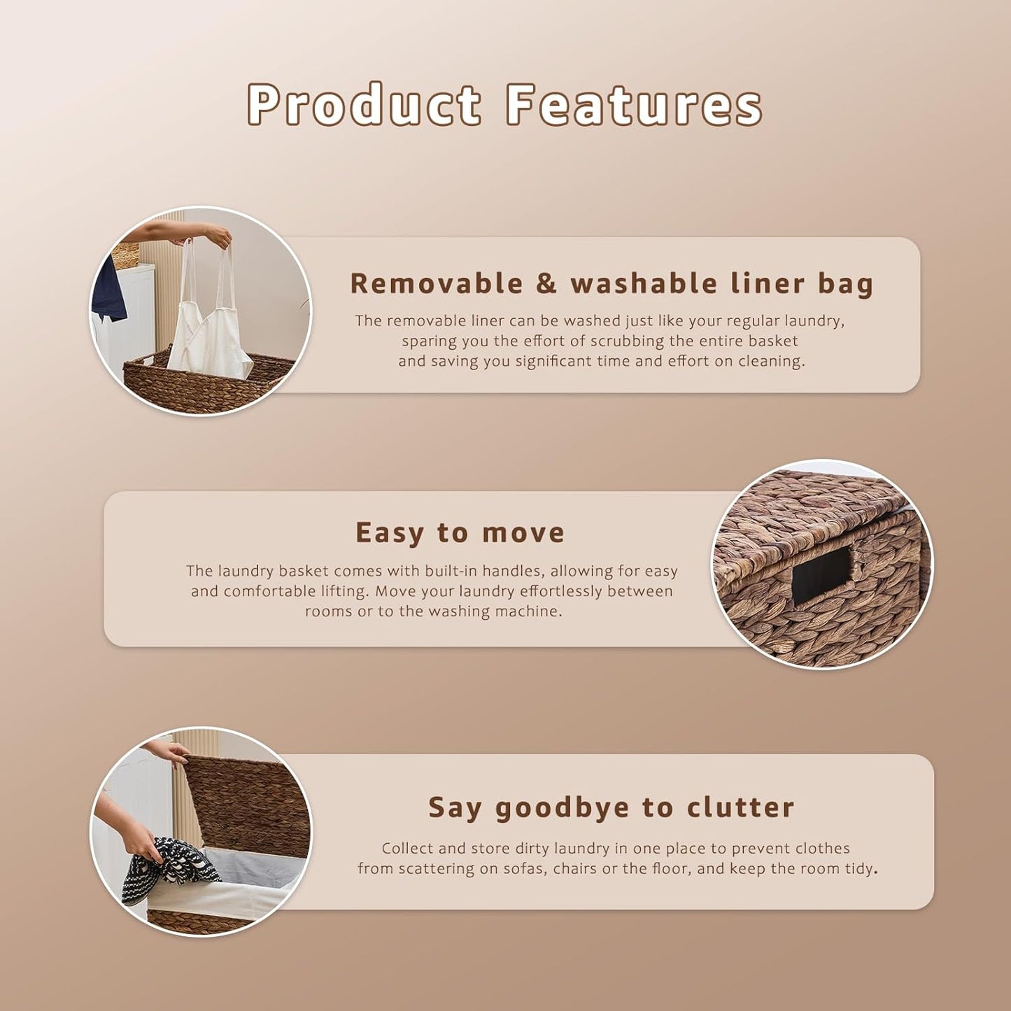 Laundry Hamper with Lid and Removable Liner Bag, Handwoven Natural Hyacinth Clothes Hamper with Heightened Feet, Wicker Laundry Basket for Clothes and Towels,Middle