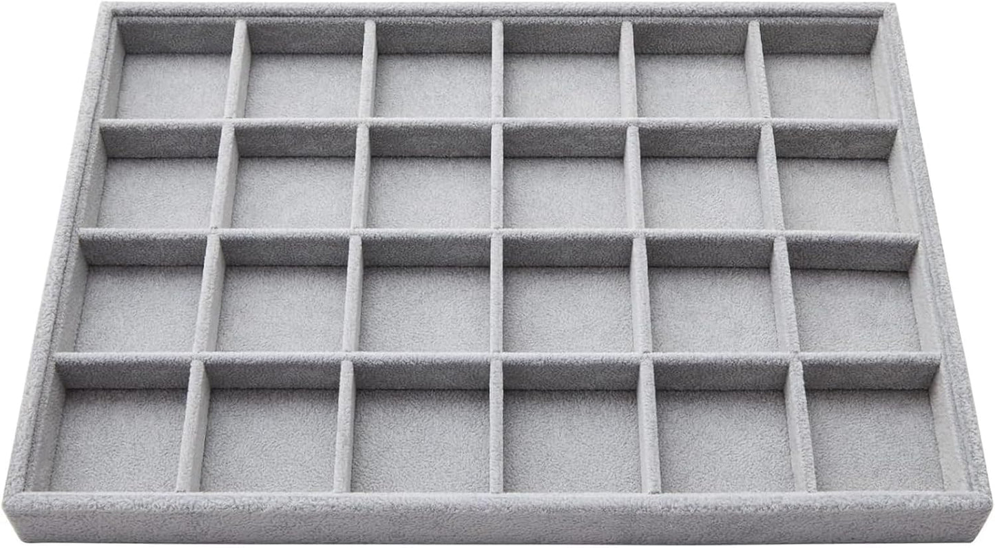 Juvale 2 Pack Velvet Jewelry Organizer Tray for Earrings, Stackable 24 Grid Storage for Rings (Gray, 14x10 in)