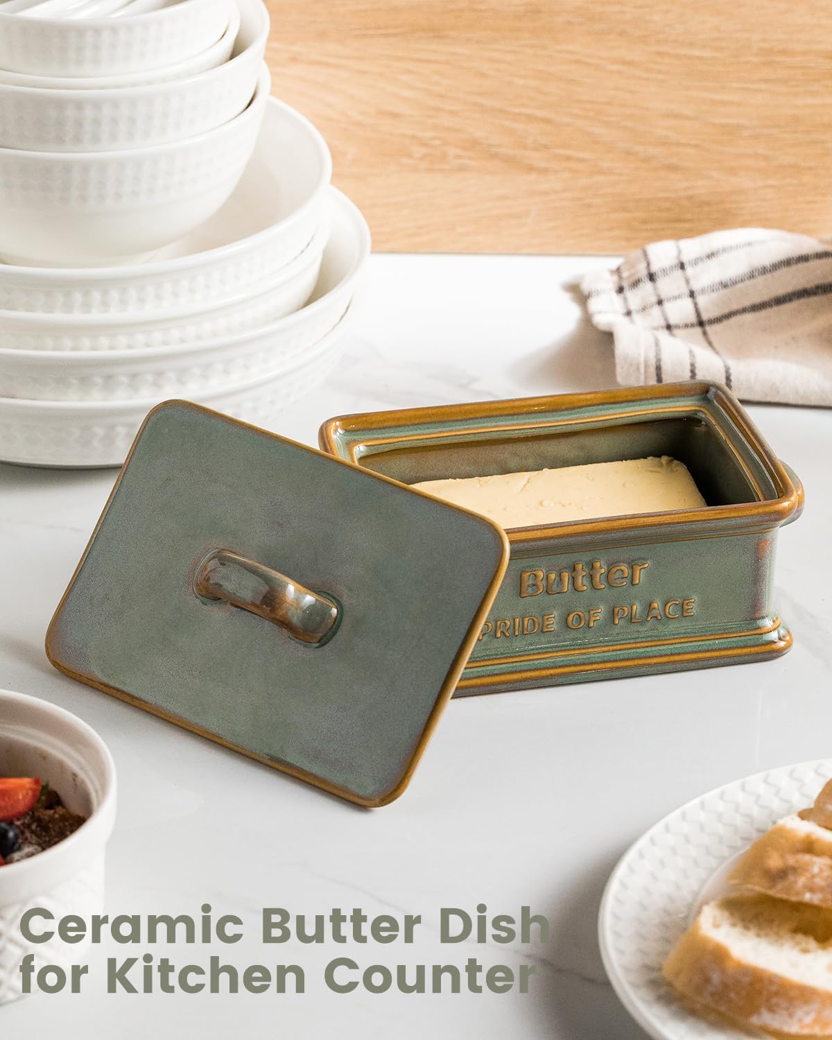 Butter Dish with Lid, Ceramic Butter Holder Container Large Butter Dish for Countertop Farmhouse Decor for Thanksgiving, Christmas Butter Keeper for East West Coast Butter, Green