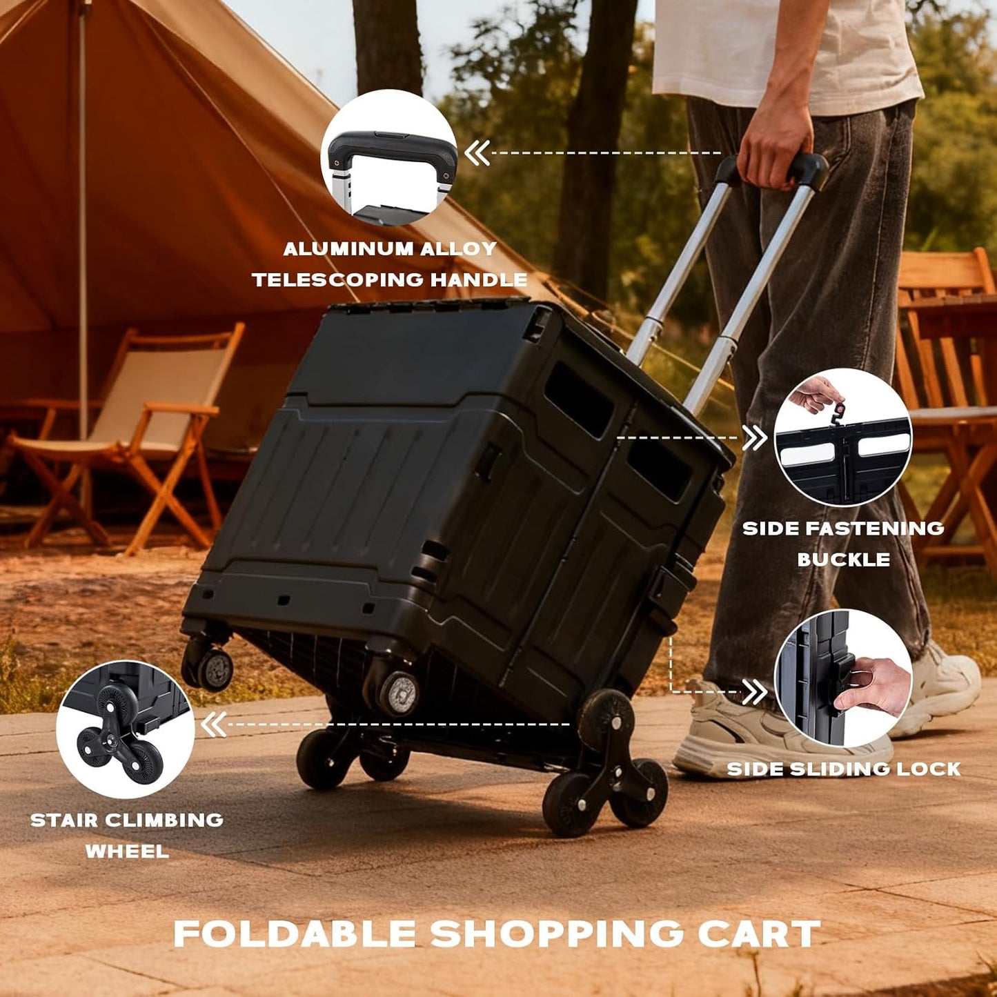 Utility Cart Teacher Cart with Stair Climbing Wheels Foldable Shopping Cart, with Telescopic Handle, Ideal for Outdoor Home Use and Teacher/Student Book Storage. (Black, Large)