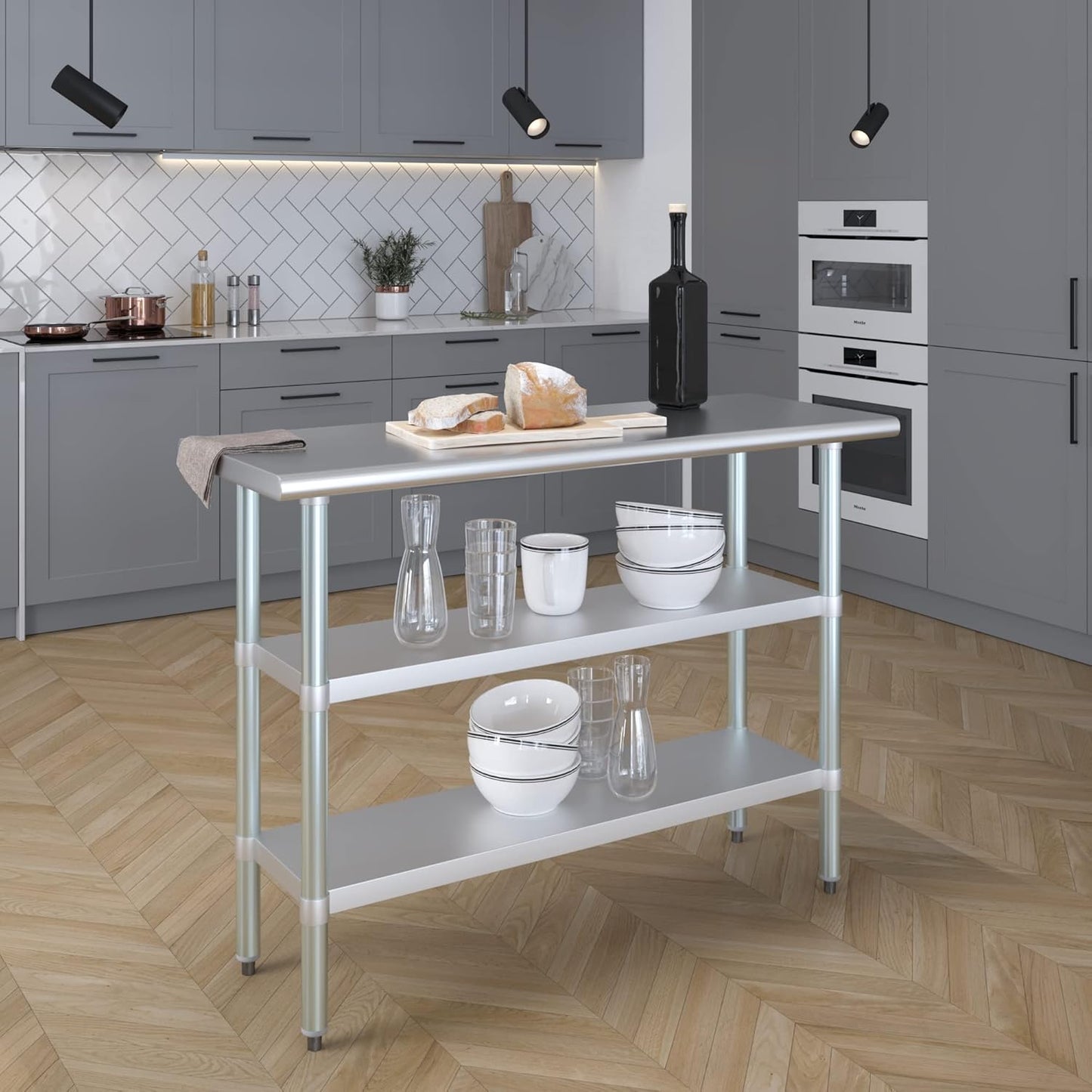 AmGood Stainless Steel Work Table with 2 Shelves | NSF | Metal Utility Table (48" Long x 18" Deep)
