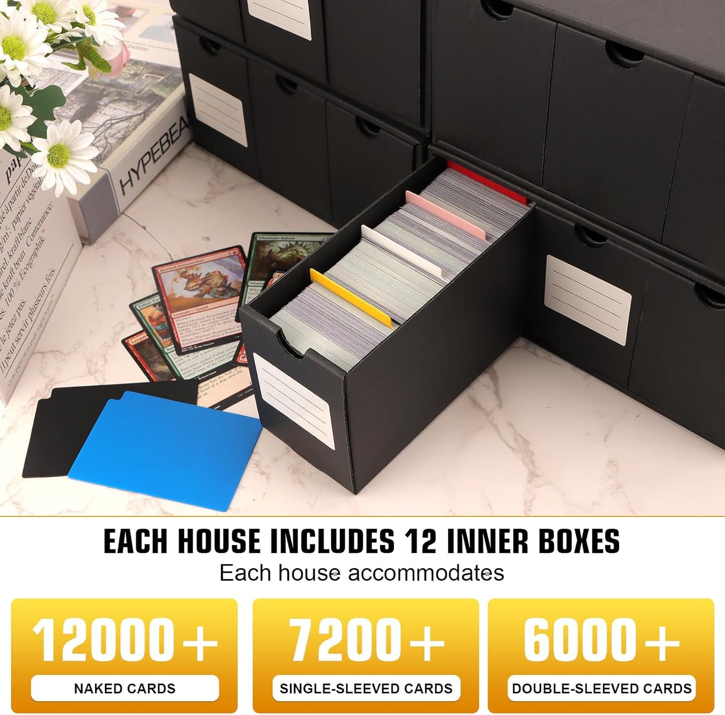 Trading Card Storage Box, Includes 12-600 CT Boxes & 48 Card Dividers, 12000+ Trading Card Organizer for Collectible Card Games, for TCG, MTG, PTCG, Baseball Cards, with Labels & Tapes
