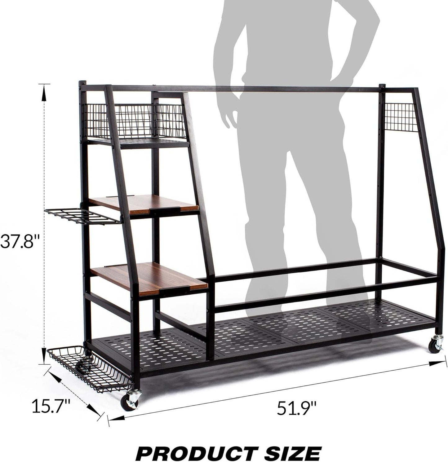 Golf Bags Storage Garage Organizer, Golf Bag Rack Fits 2/3 Golf Bags and Golf Equipment Accessories, Golf Club Storage Stand with Wooden Shelf and Lockable Wheels for Garage Indoor Basement