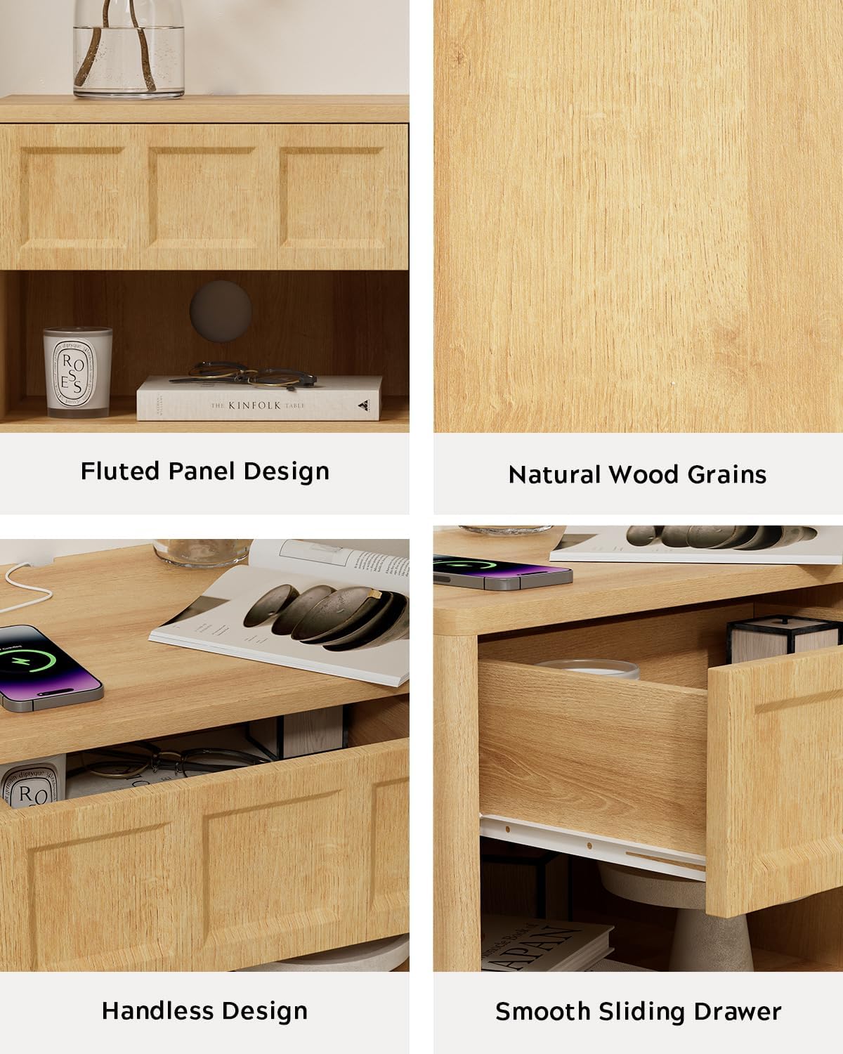 Floating Nightstand Set of 2, Wall Mounted Bedside Table with Storage Drawer and Open Shelf, Modern Night Stand with Curved Corners for Living Room, Bedroom, Dorm, Natural Oak