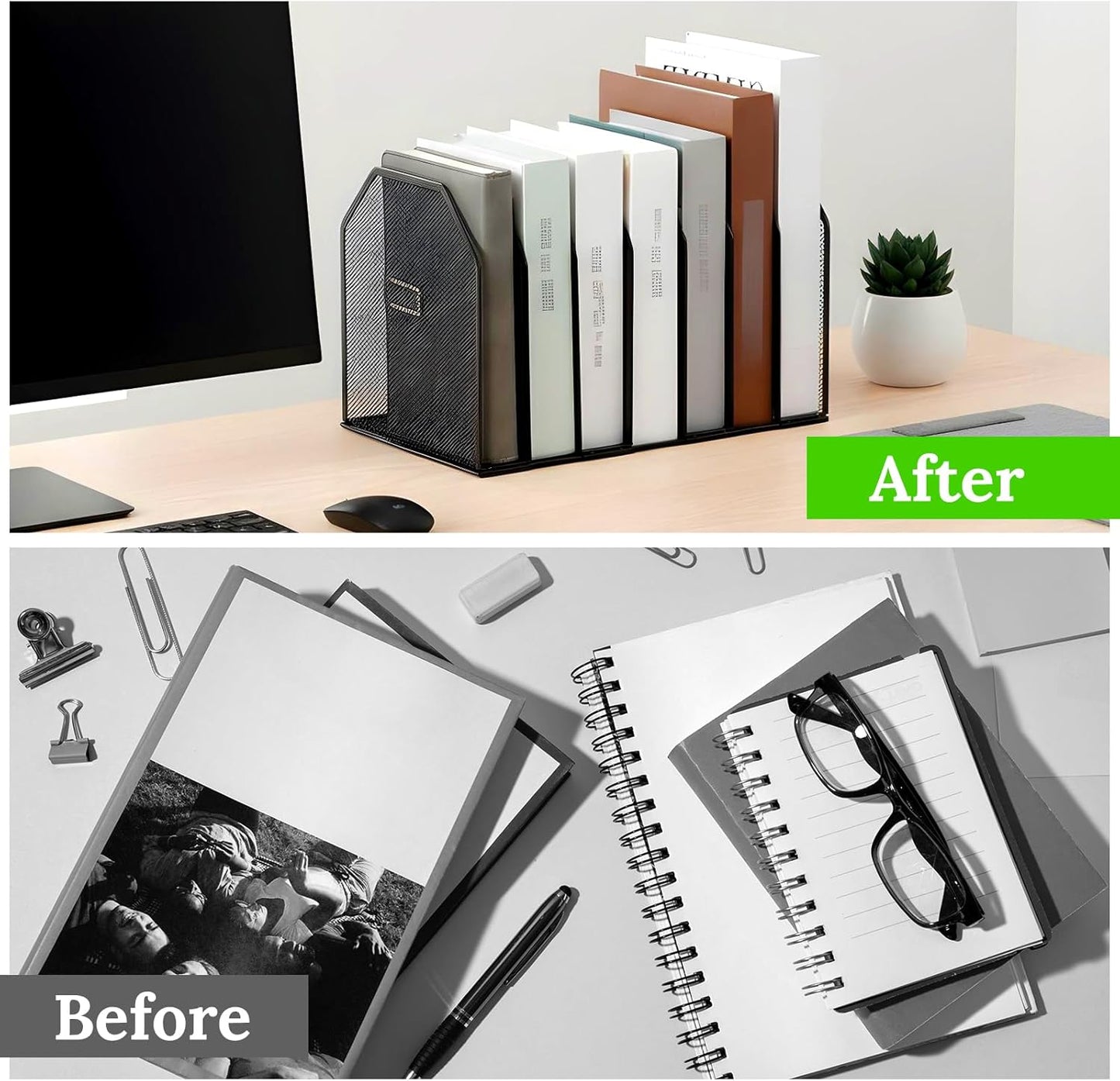 Metal Mesh File Organizer, Adjustable 7 Section Vertical Desk File Holder, Black Office Heavy-Duty Document Sorter for Books Binders, Laptops