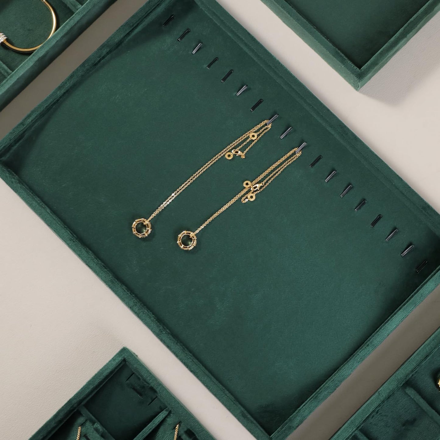 Velvet Jewelry Display Tray For Bracelet Pendant Necklace, Multi-Slot Stackable Storage Tray For Long Chain Jewelries, Drawer Insert Jewelry Organizer (Green)