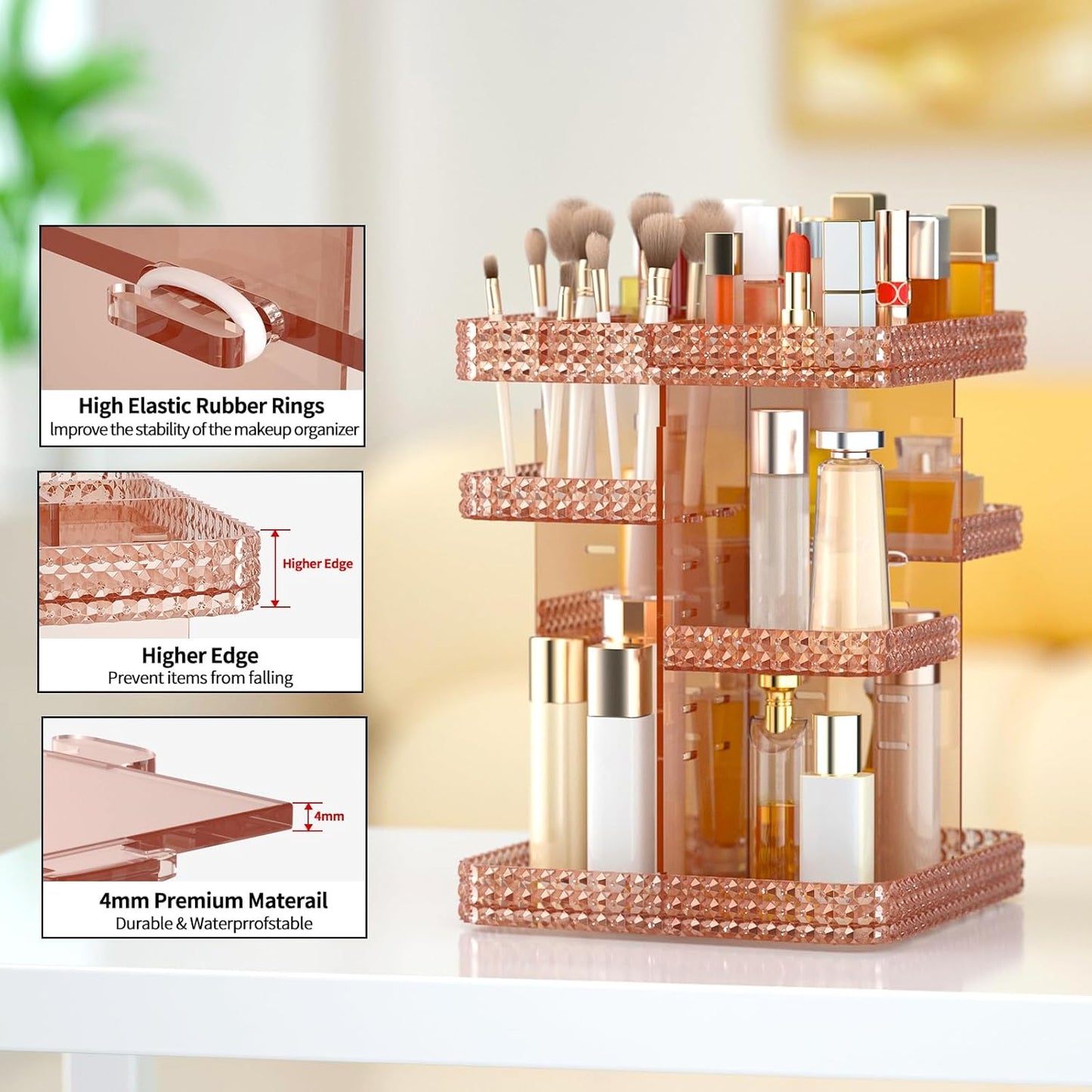 Rotating Makeup Organizer, Large Capacity Cosmetic Display Case, Acrylic Skincare Organizer with Makeup Brush, Makeup Storage Organizer for Dresser Countertop and Bathroom Vanity - Pink