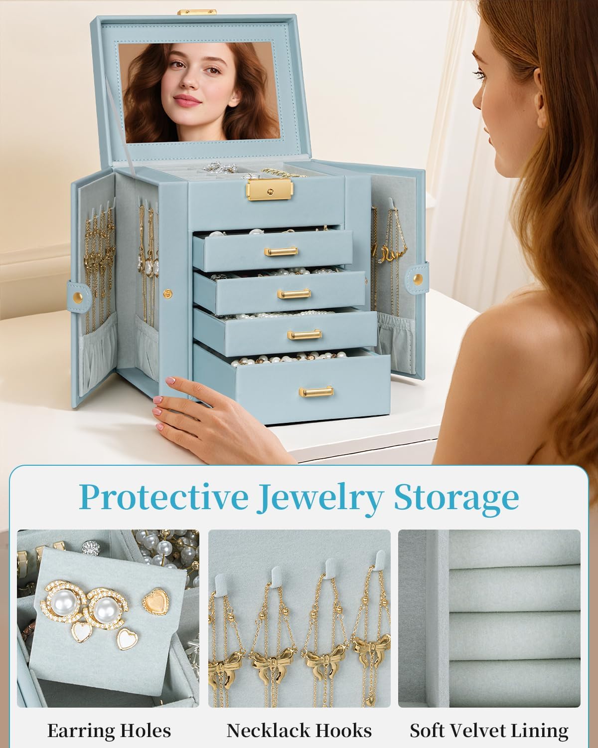 TORIBIO Jewelry Box for Women, Leather Jewelry Organizer with Mirror & Lock, 5-Tier Jewelry Storage Organizer with 4 Drawers for Girls/Women/Mothers, Necklace Earring Bracelets Holder Organizer
