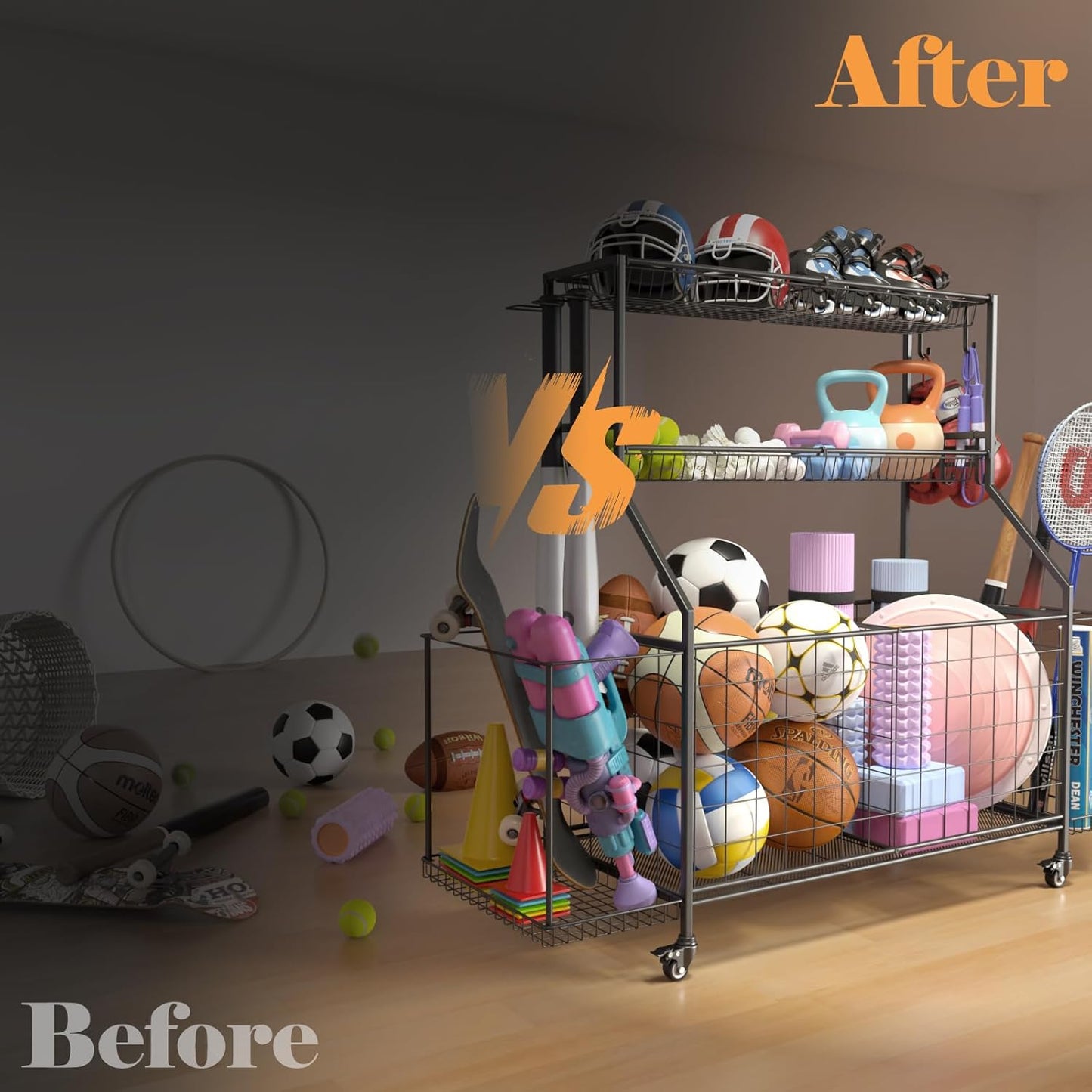 Sports Equipment Organizer, Garage Ball Storage Racks - Outdoor Toy Storage with 2 Side Racks & Removable Baskets, Heavy-Duty Garage Rolling Ball Cart with Wheels, Hooks for Sports Gear, Toys
