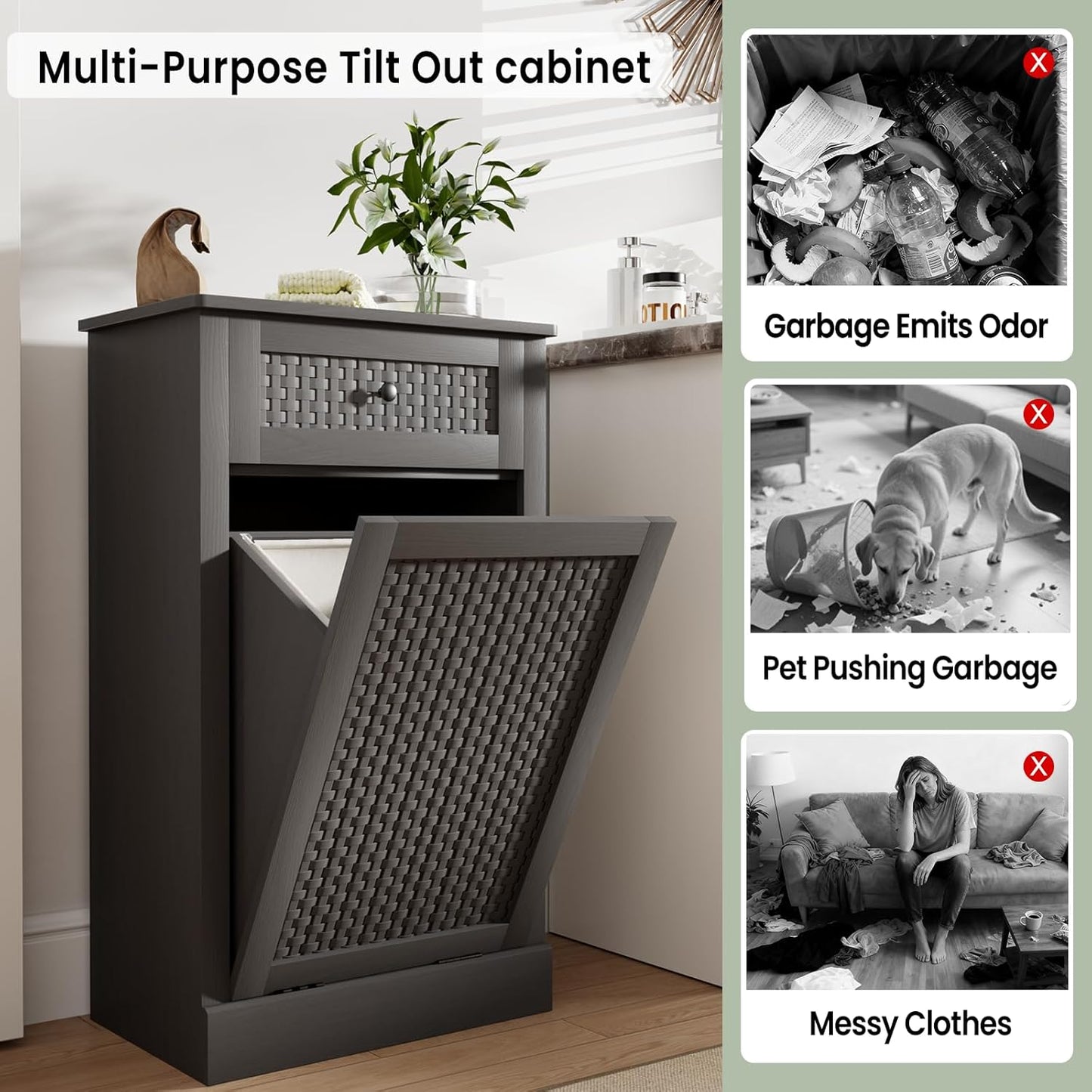 Double Tilt Out Laundry Hamper Cabinet,10 Gallon Laundry Cabinet with Drawers & 2 Hidden Baskets, Farmhouse Storage Basket for Laundry Room, Bathroom, Kitchen, Gray