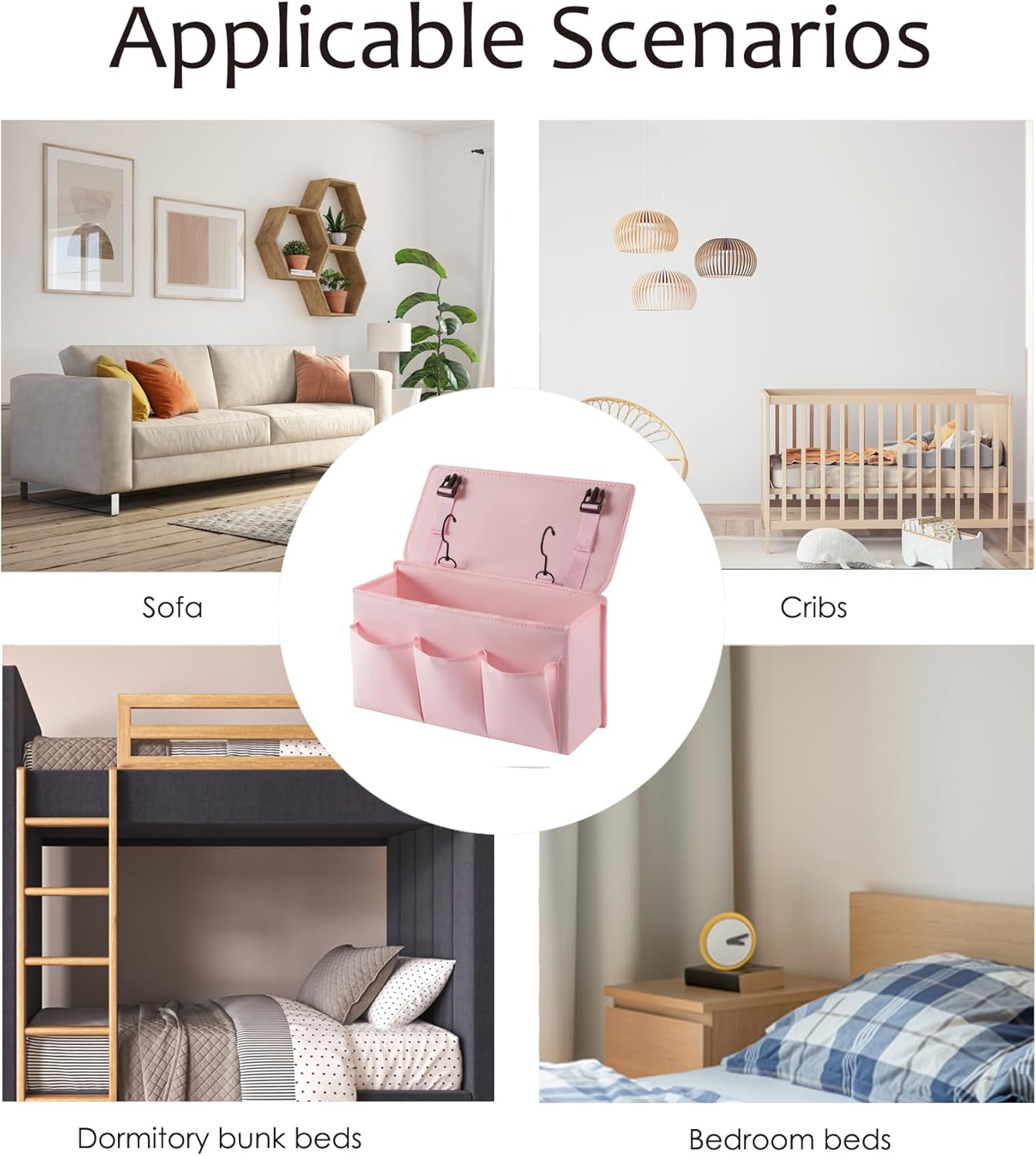 Bedside Caddy Bedside Storage Organizer,Bed Caddy With Thickened Material Suitable for Homes, Dormitories, Hospitals, Cribs, RVs,Great for Magazines,Books,Remote, Phone (Pink)