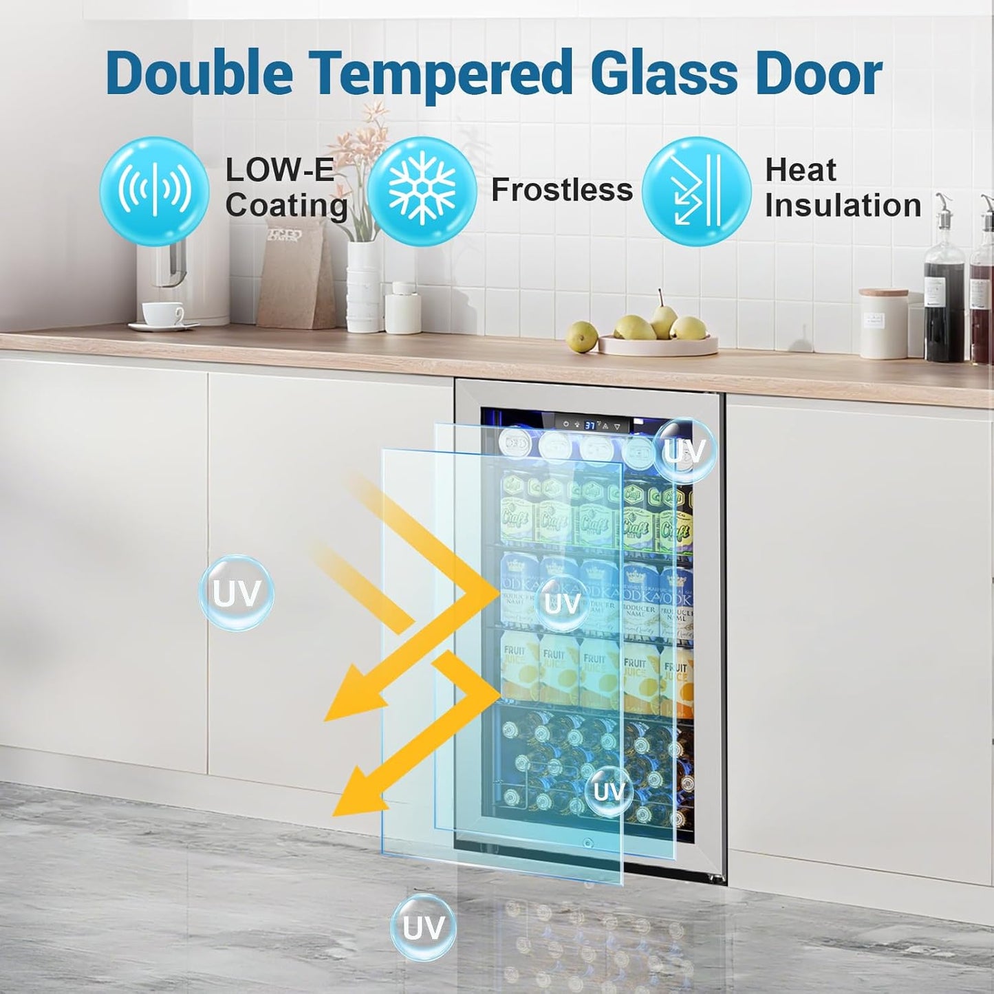 Mini Beverage Refrigerator 3.2 Cu. Ft Small Fridge 126 Can Lockable Drink Cooler with Glass Door, Safety Lock, For Beer Soda, Silver