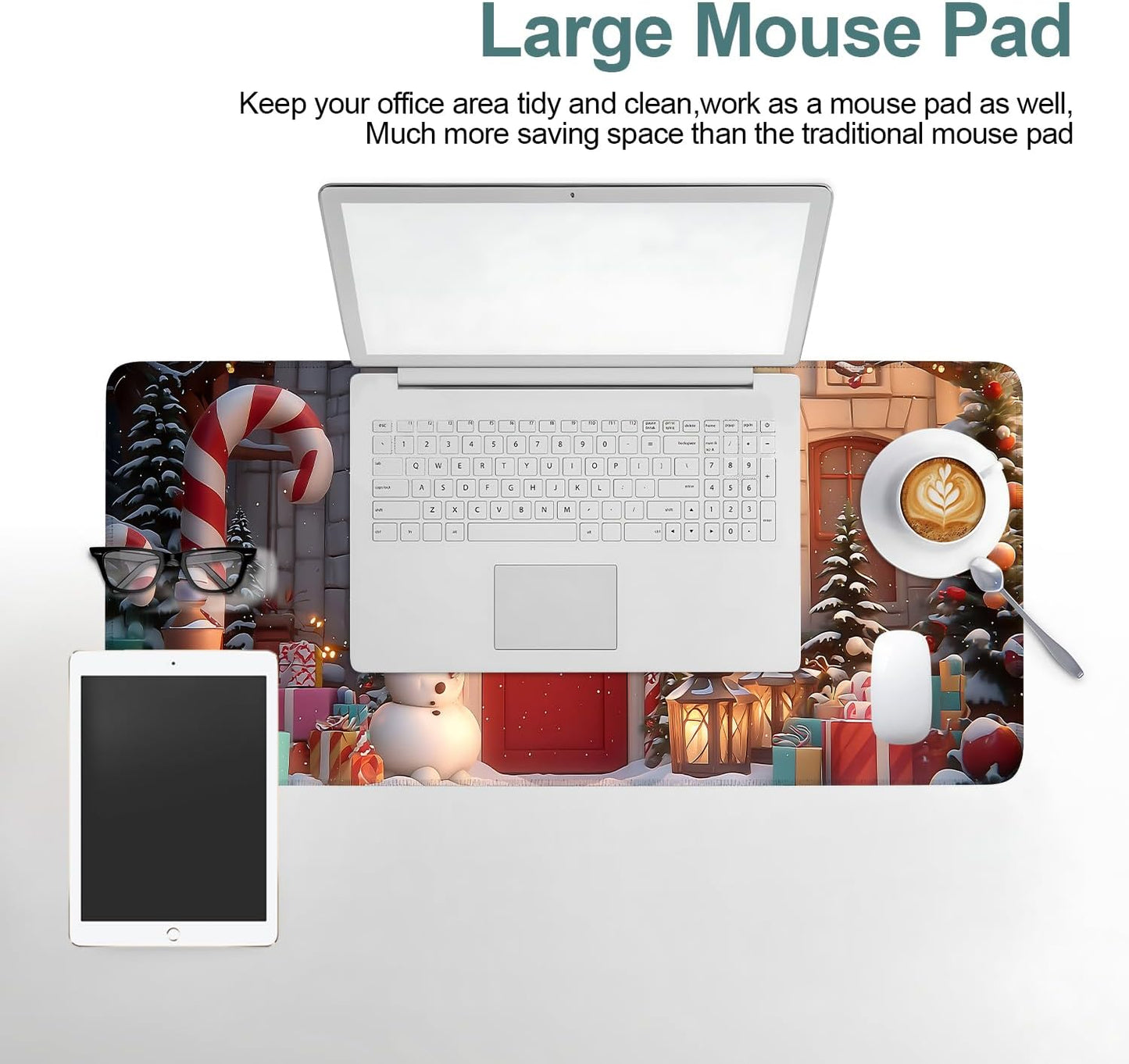 Christmas Scene Gaming Mouse Pad 31.5"x11.8"Desk Mat Anti-Slip Rubber Base & Durable Stitched Edges for Gamers Smooth Mouse Writing Surface for Desk Office/Home