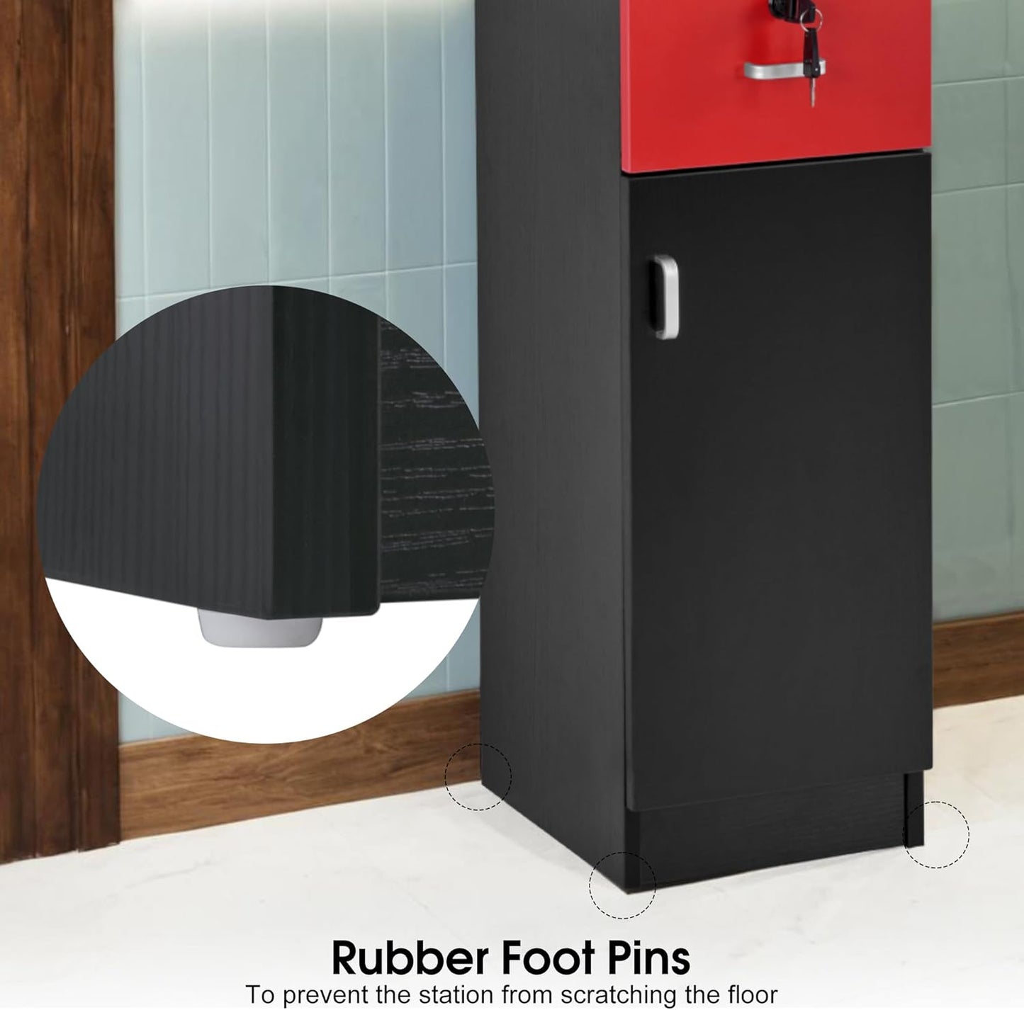 BarberPub Locking Wall Mount Hair Styling Barber Station Drawer Storage Beauty Salon Spa Equipment 3036-1 (Black&Red-Handle Left)