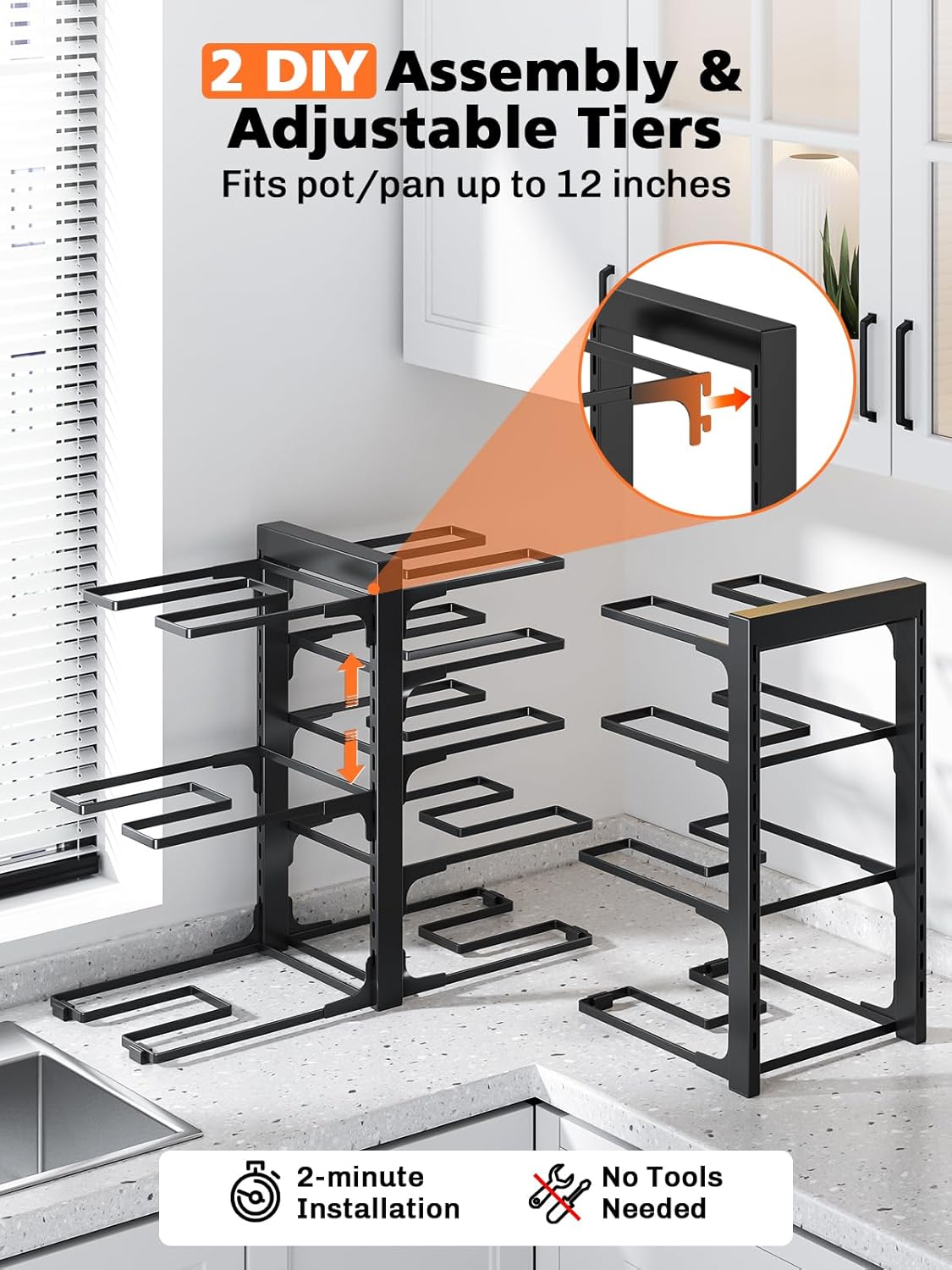 MUDEELA 8-Tier Pots and Pans Organizer under Cabinet, 15.83" Height Heavy Duty Pot Pan Organizer Kitchen Cabinet Organization and Storage, Adjustable Pot Rack for Frying Pan, Cast Iron Skillet, Black