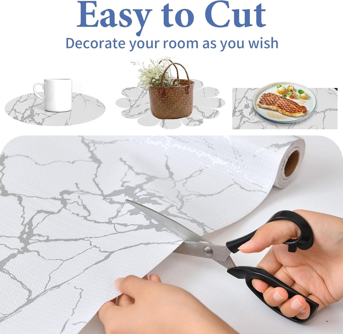 Drawer and Shelf Liner for Kitchen Cabinet: 17 in X 20 Ft Non Slip Waterproof Shelf Paper Non Adhesive Refrigerator Liners Silver Marble Easy Liners for Bathroom with Knife Tape Measure
