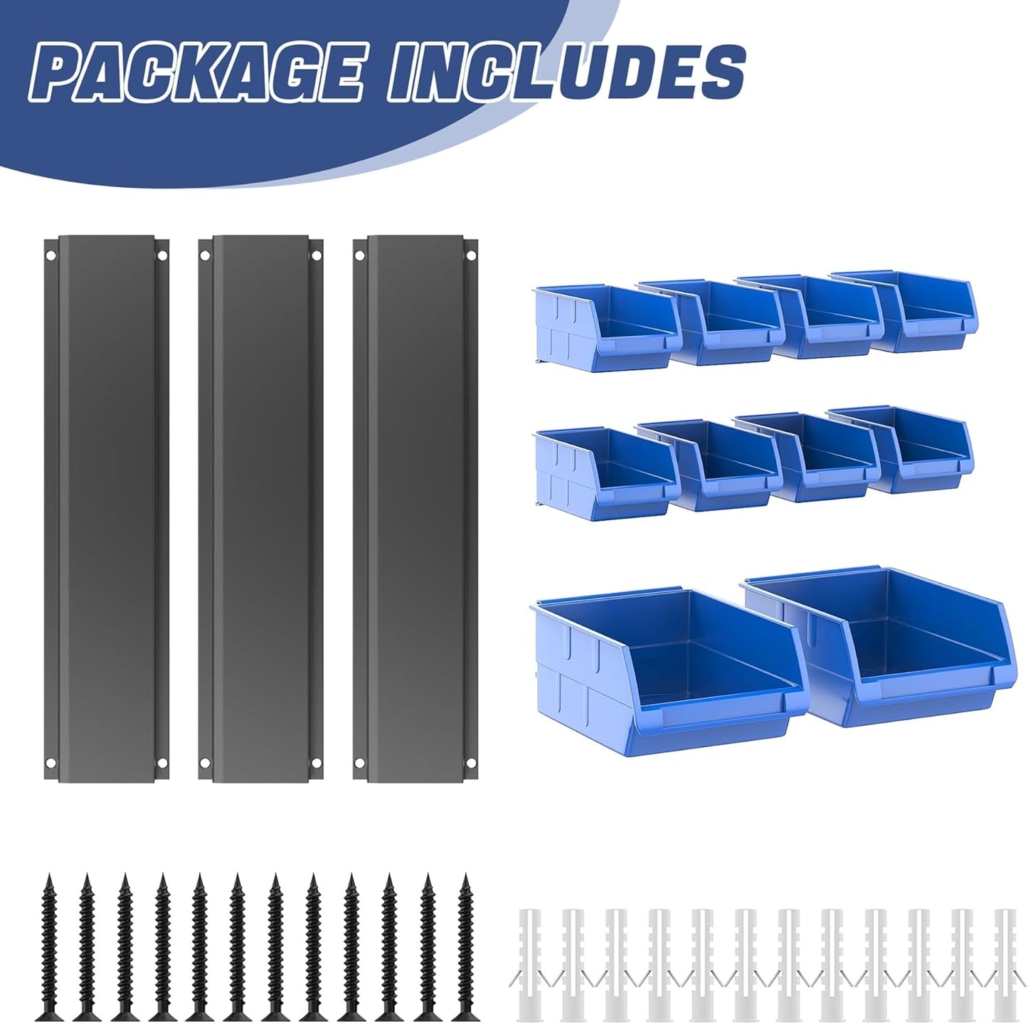 WALMANN Wall Mounted Storage Bins for Small Parts, 10 Bins with 3 Metal Rails, Plastic Wall Bins for Screws, Bolts, Nuts, Craft Room, Workshop, and Garage Storage Bins(Blue)
