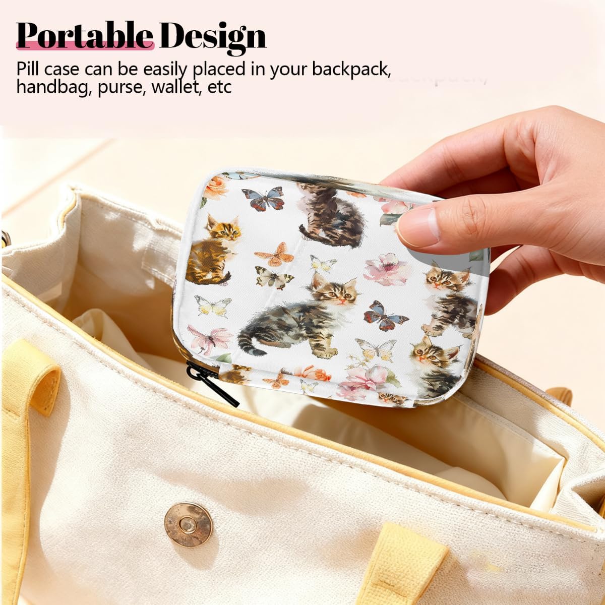 Watercolor Cute Cats Butterflies Pill Organizer Travel Medicine Case with Zipper Daily Vitamin Storage Bag Portable 8 Slot Weekly Pill Box Supplement Holder for Home Office Gym Travel