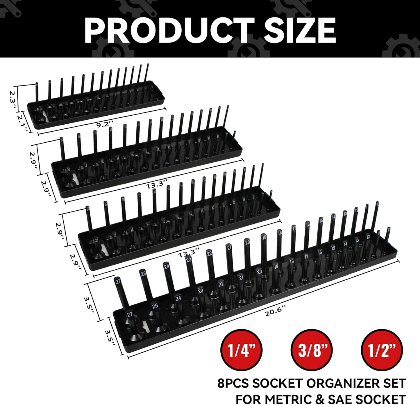 8PCS Socket Organizer Tray Set,SAE & Metric Socket Trays, 2PCS 1/4", 4PCS 3/8", 2PCS 1/2" Drive Deep and Shallow Socket Holders for Toolboxes (8pcs socket organizer)