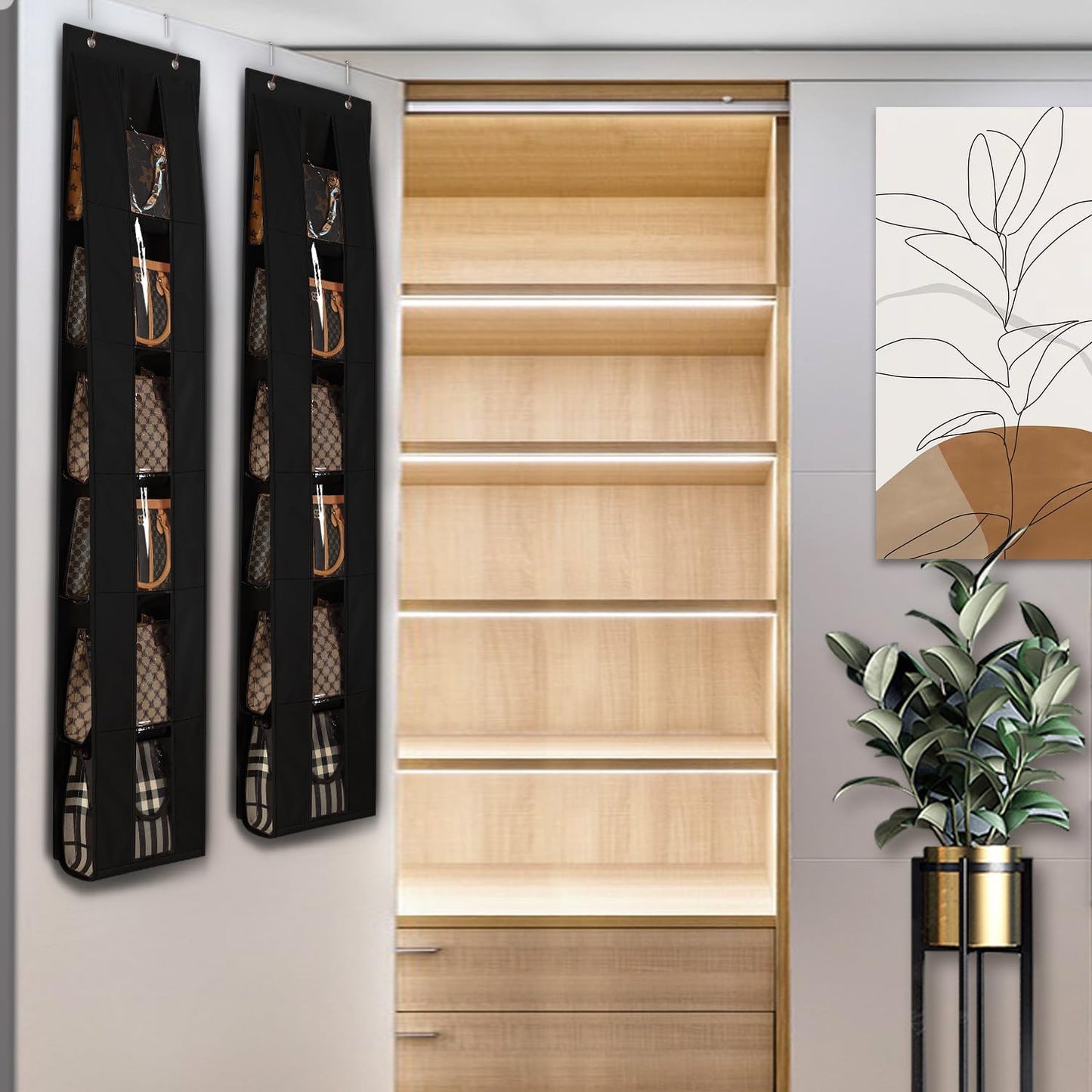 Lirex Over the Door Organizer, 2 Pack Handbag Storage with 6-Tier Space-Saving for Door or Closet, Handbag Hanger, Black