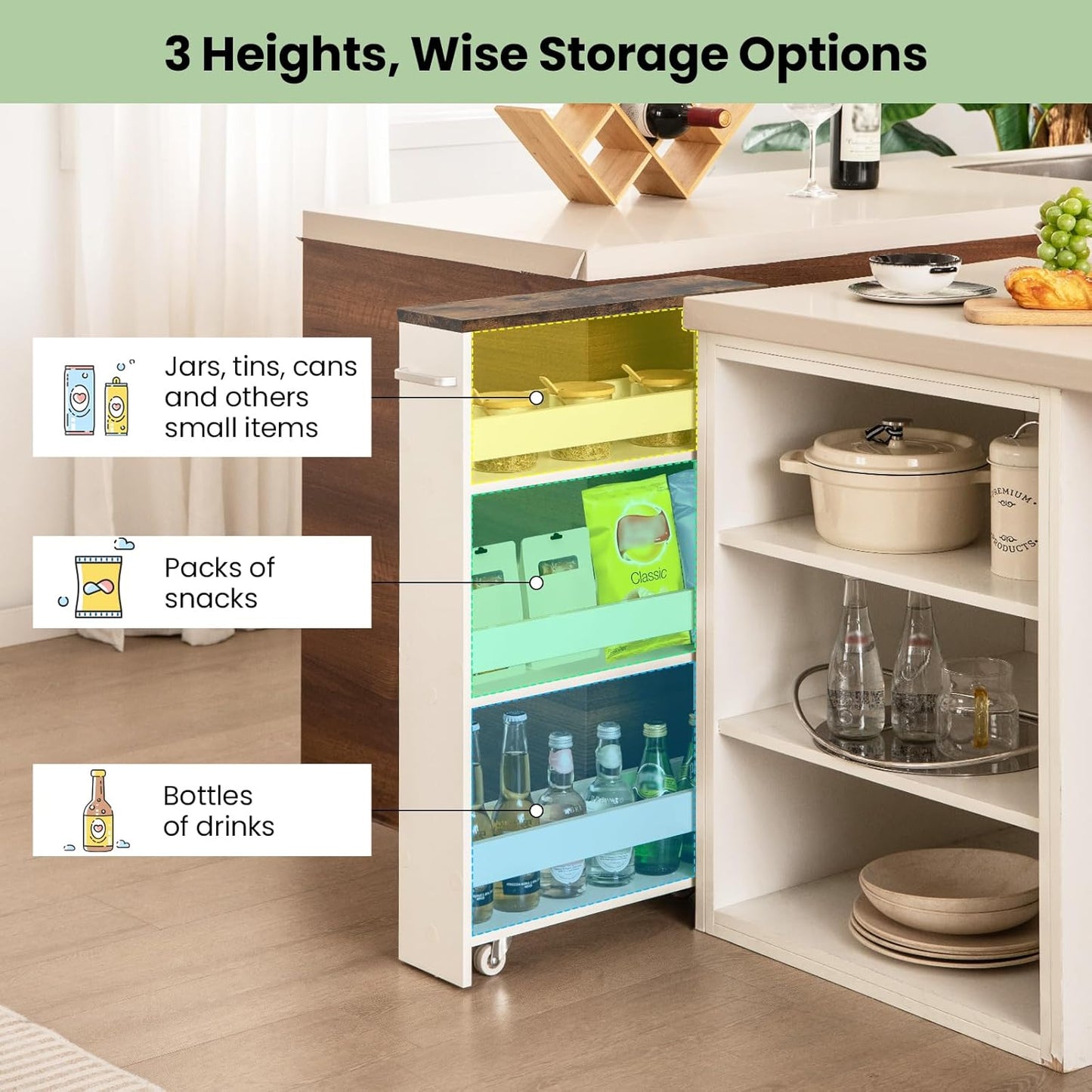 Small Kitchen Cart, 4-Tier Slim Rolling Island w/Handle, Laundry Room Storage Organizers Between Washer and Dryer, Narrow Spice Rack on Wheels Next to Fridge (White & Rustic Brown, 5'')