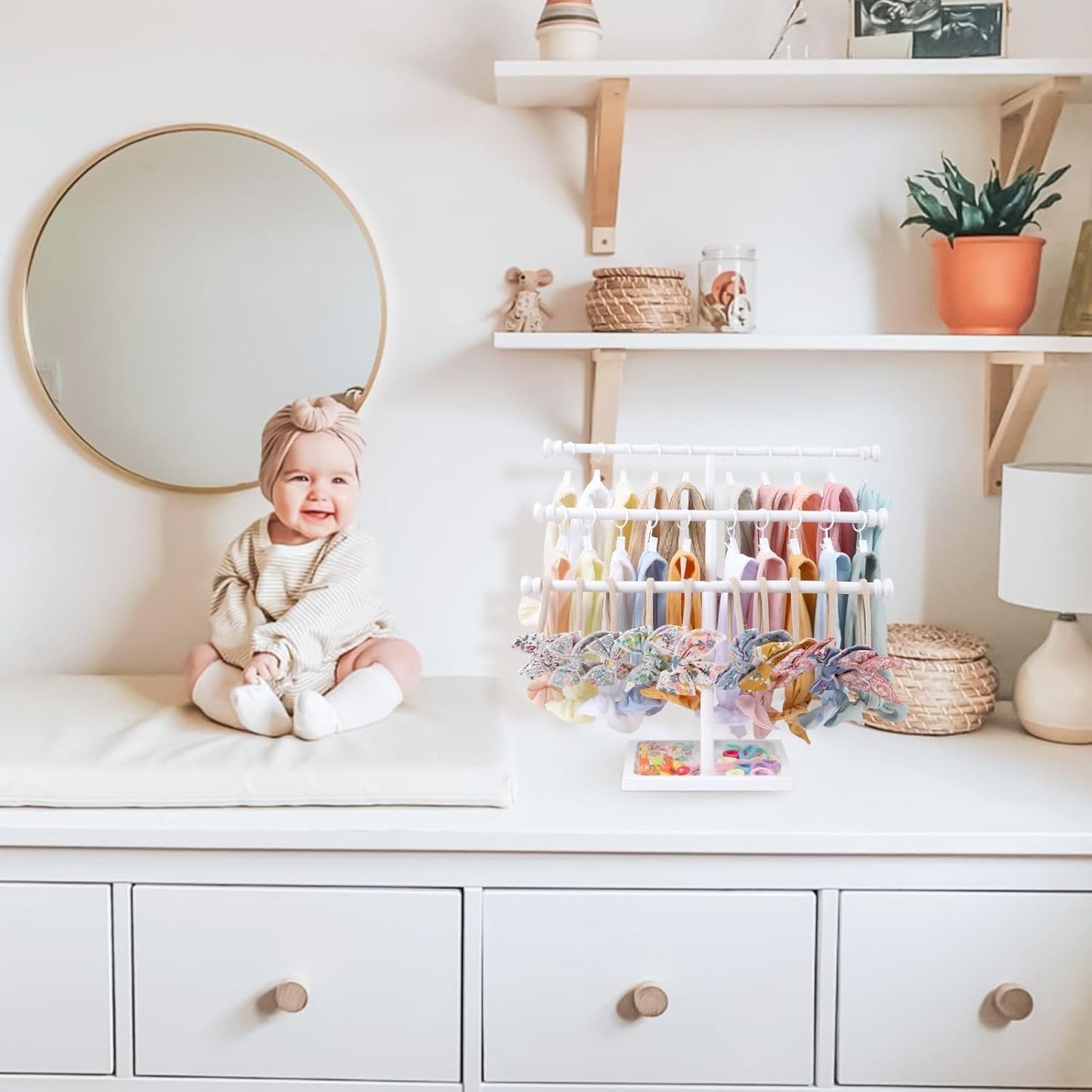 POVETIRE Headband Holder Stand Storage for Baby, 3 Tier Wooden Bow Organizer for Girls Hair Bows, Infant Hair Accessories Rack Display for Nursery Decor