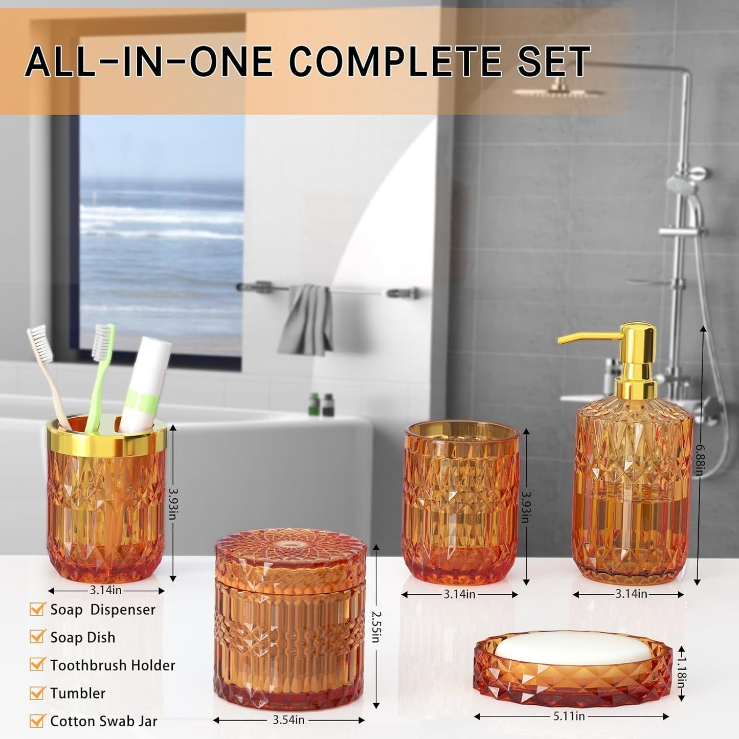 Orange Bathroom Accessories Set, 5 Pcs Clear Glass Bathroom Accessories with Lotion Soap Dispenser, Soap Dish, Toothbrush Holder, Tumbler, Cotton Swab Jars
