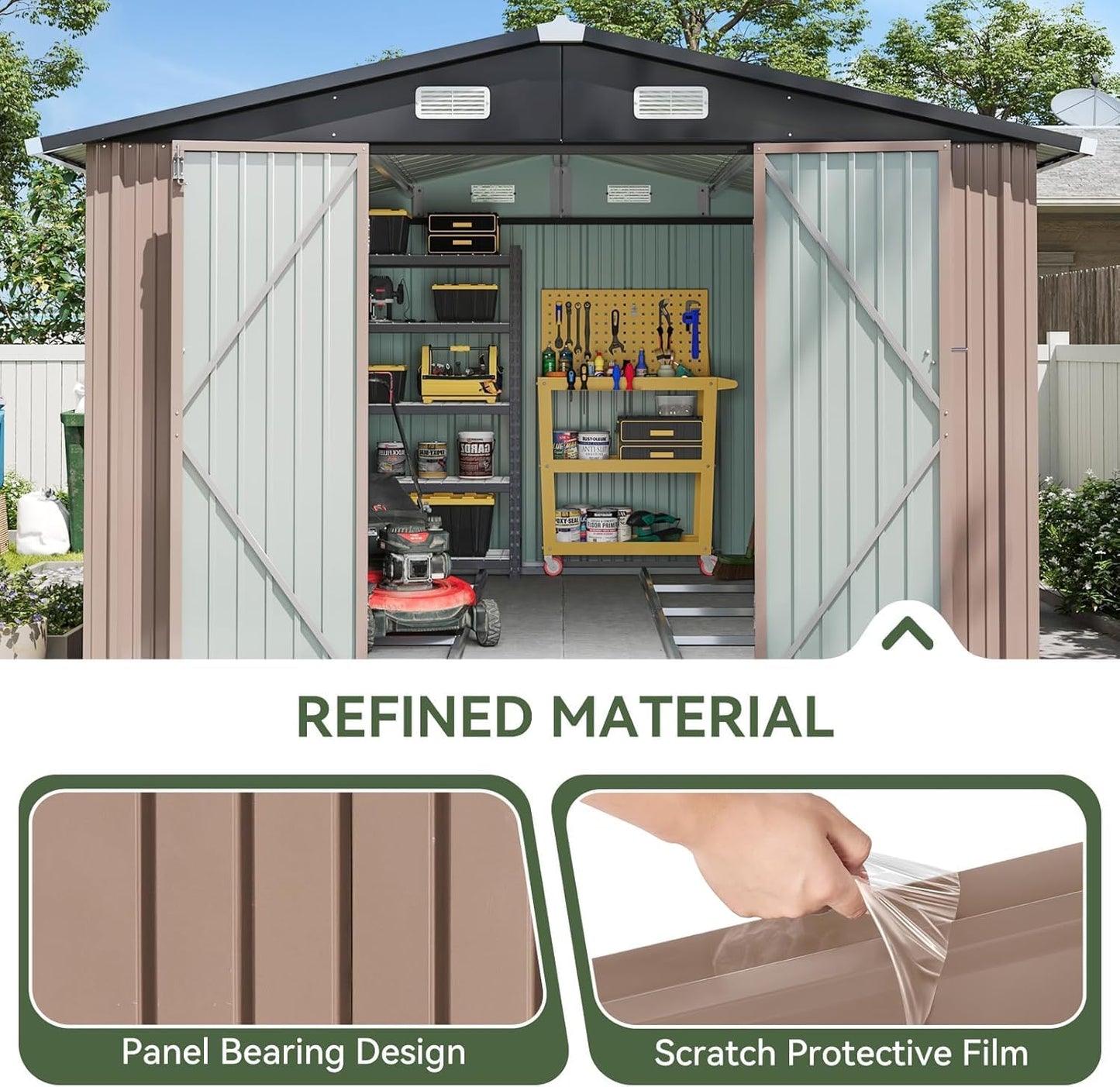 Aoxun 10 x 12FT Shed with Base Utility Garden Galvanized Steel Shed with Lockable Door & Sloped Roof Metal Sheds Outdoor Storage for Garden, Backyard, Patio and Backyard (Brown/Base Included)