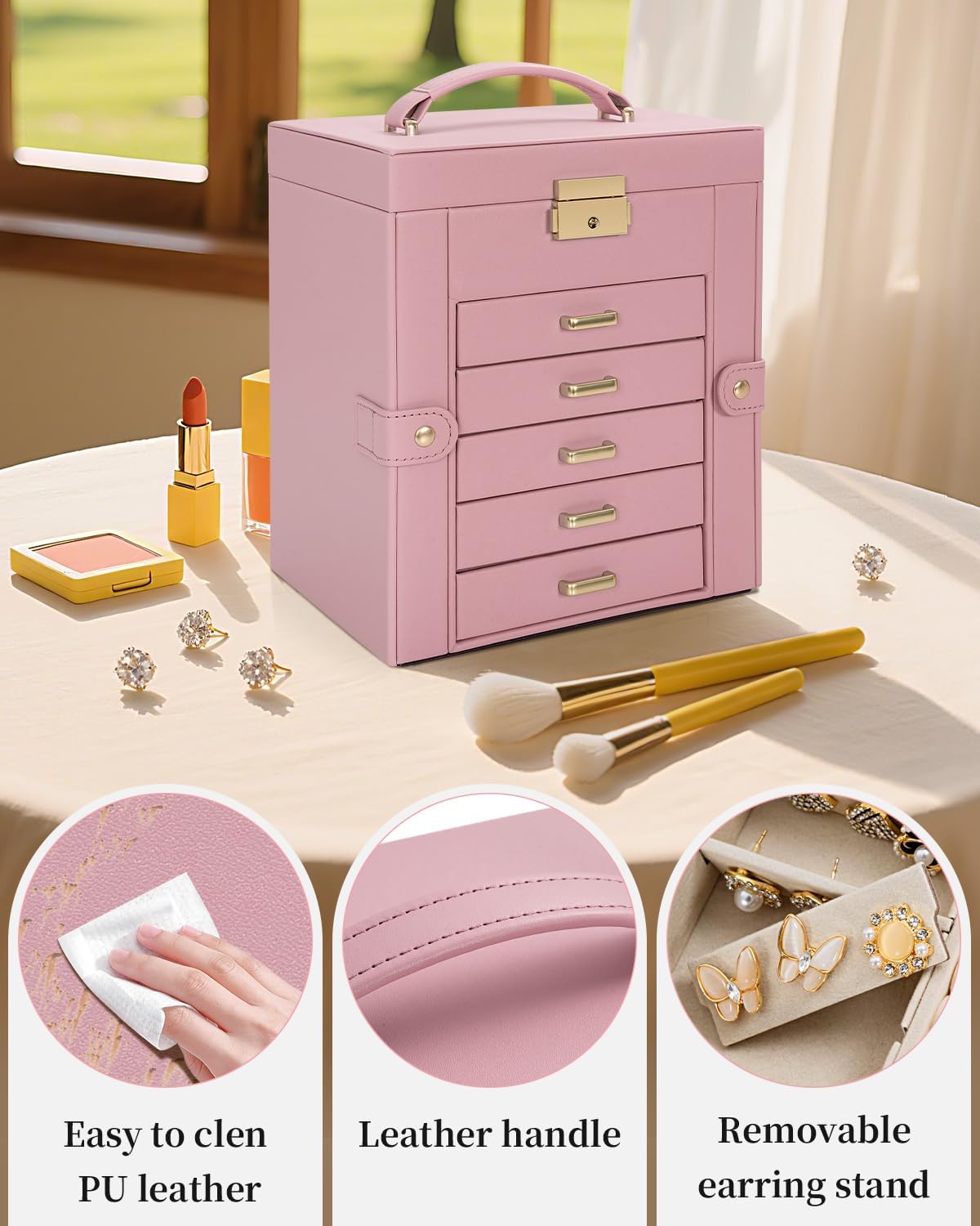 TORIBIO Large Jewelry Box for Women, Leather Jewelry Organizer with Mirror & Lock, 6-Tier Jewelry Storage Case for Girls/Women/Mothers, Necklace Earring Bracelets Holder Organizer